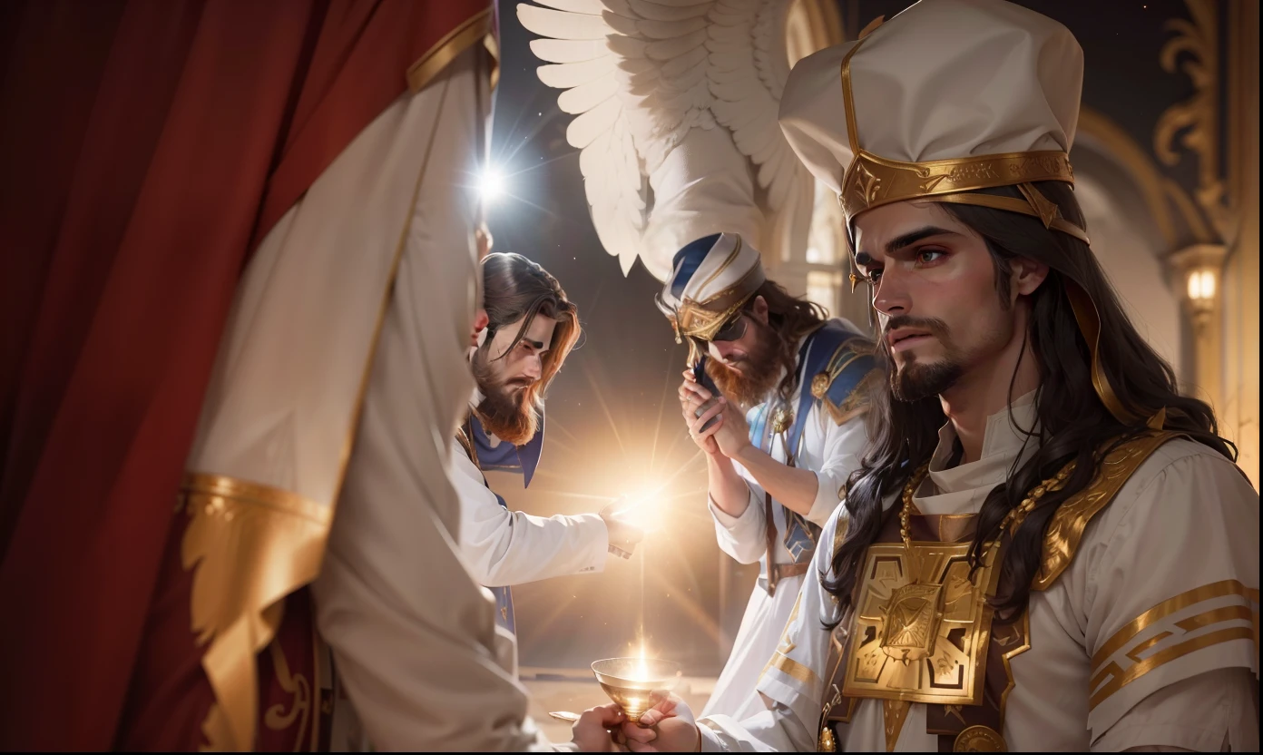 Jesus Cristo com aspecto resplandecente com roupas de sacerdote, ao seu lado querubins masculinos dourados de ouro puro. Imagem celestial, Image with very high lighting quality, Very high resolution image, image with very high coloration, imagem hiperdetalhada, imagem hiper realista