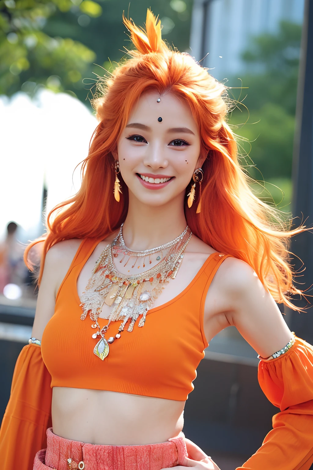 (extra detailed body、extra detailed face、best qualtiy:1.2)、femele、looking at the viewers、(Orange hair、Flashy clothes、14years、a smile、Feather piercings down to the bottom of the shoulder、hippy、hair adornments、Fancy Necklaces、Trumpet pants)、(City in the 70s:1.4)