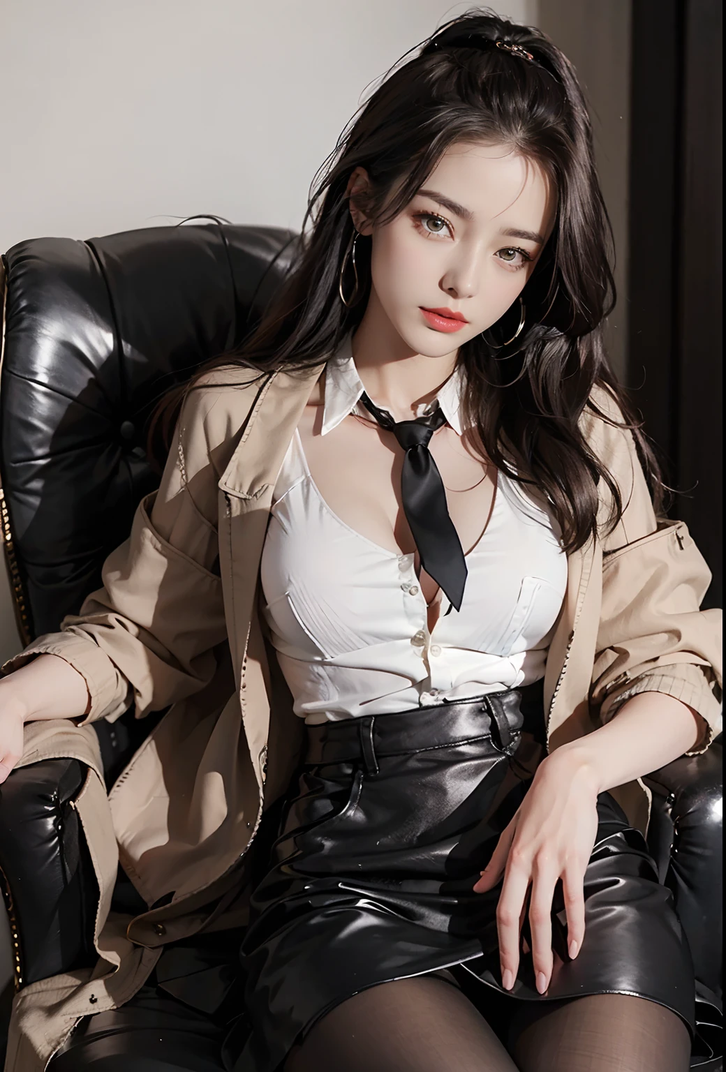 Exquisite、masterpiece、beautiful detail、Colorful and delicate details、Delicate lips、intricate detailes、large full breasts、Cool black sunglasses、1人の女性、(Beautiful 20 year old cute woman:1.1)、(50mm Sigma f / 1.4 ZEISS Lenses、F1.4、1 / 800 sec、ISO 100、a picture:1.1)、(poneyTail+Brunette 1.2)、(Photorealsitic:1.4)、(Spy:1.2)、(Open jacket、The shirt、skirt by the、neck tie、Black pantyhose、 Christian Louboutin\(Branding\)、:1.3)、耳Nipple Ring、a necklace、arm band、(Izakaya、bars:1.2)、(beauty legs、High Girl、skiny、slim_Legs、Thigh_the gap、modeled:1.2)、Flare from the front、(cool expression)、Dynamic Poses、(makeups:1.2)、(Sitting in a large office boss chair))
