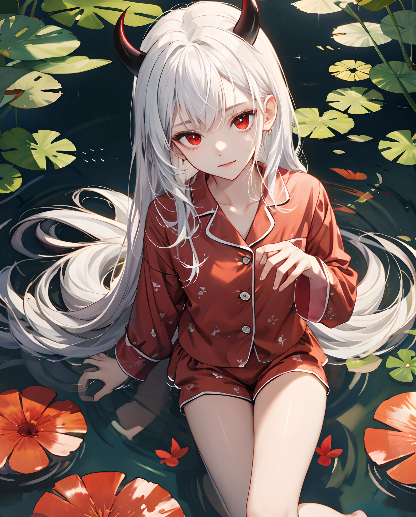 Superb Masterpiece Hair Looking Up Fair Skin Pajamas White Hair Teenage Girl Red Eyes Thighs Clothing Fitted Ultra Clear Facial Retouching Pond Background Little Devil Tail Shyness Look at the audience