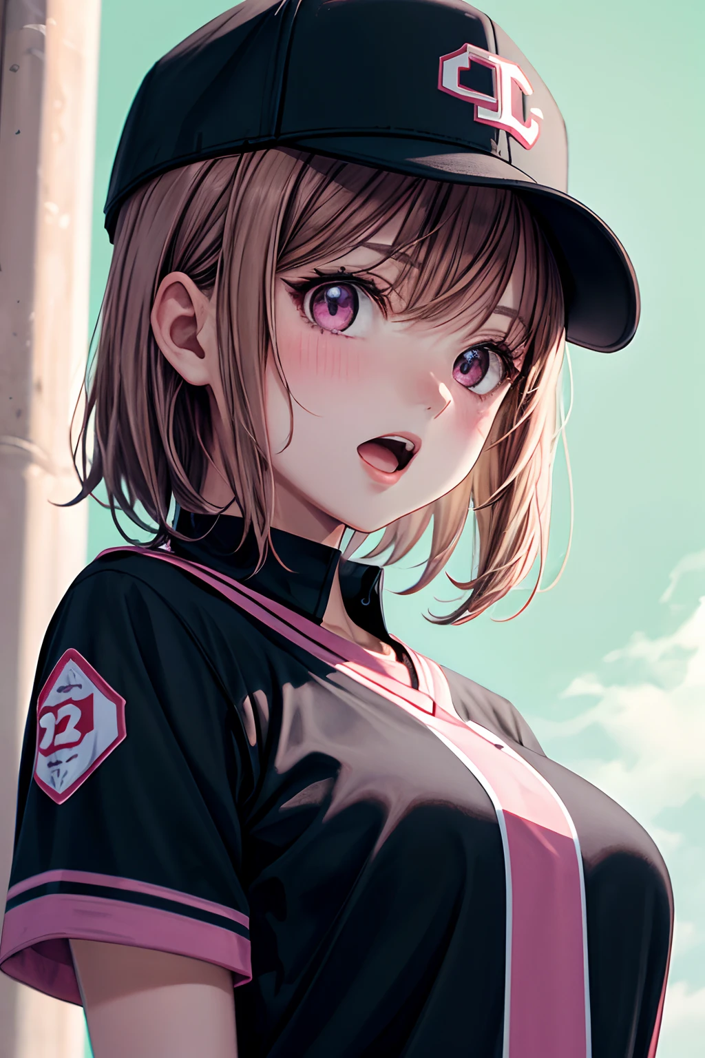 (anime, tone mapped:1.2), 1 girl, marching, pink eyes, black baseball cap, black cap, black baseball uniform, pink stripe uniform, brown hair, open mouth, blush, green background, looking at viewer, shirt, short hair, baseball ground, upper body, (symmetric), (exceptional, best aesthetic, new, newest, extremely detailed:1.2), best quality, masterpiece, from below