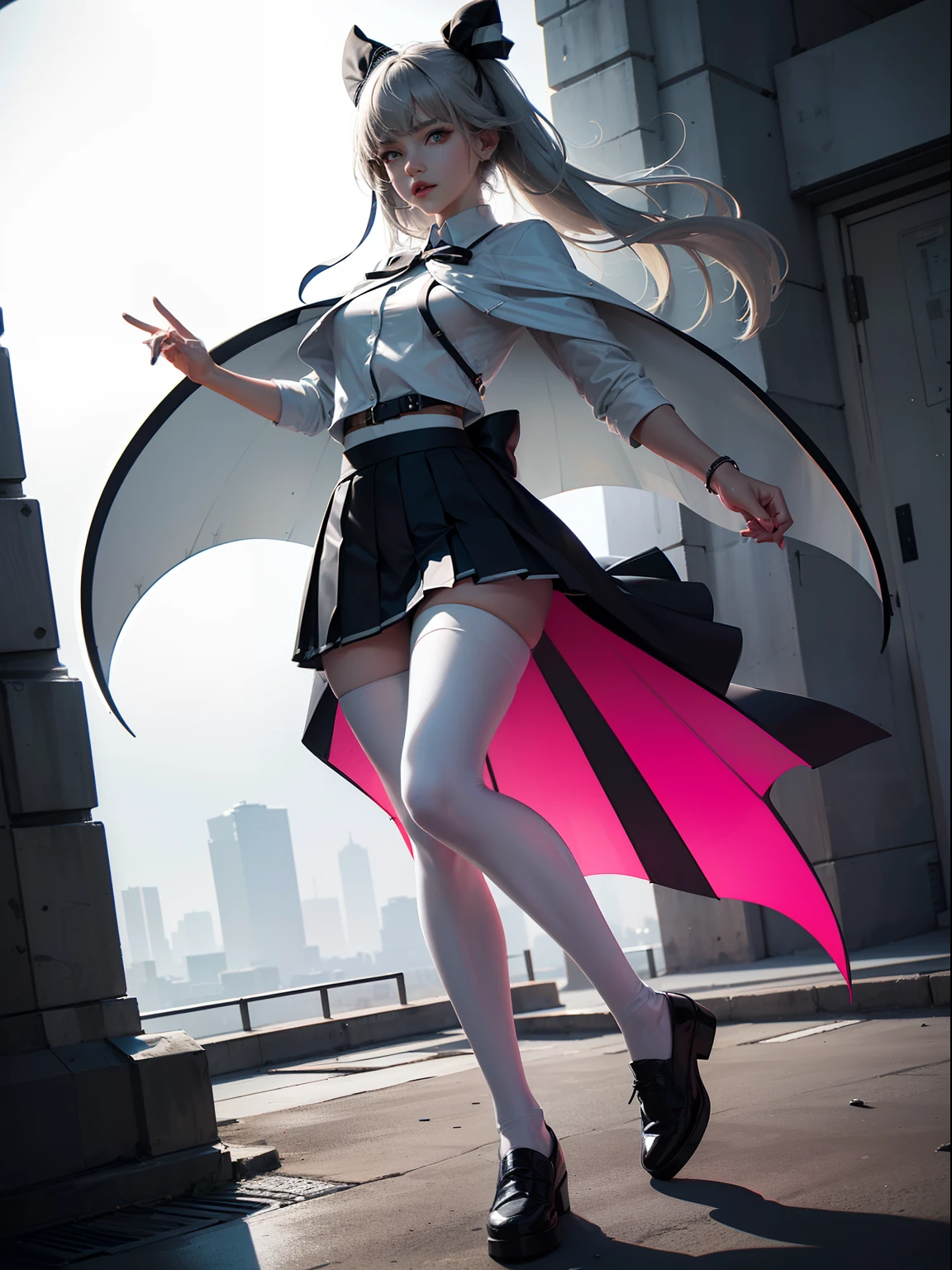 (full body:1.5),(1girl:1.3),(looking at viewer:1.4),(anatomy correct:1.3),(In the paradise of the day:1.3),(Wearing Very thick Printed Pantyhose and Glassy JK uniform printed pleated skirt and JK uniform leather shoes with bow decoration :1.3), (A high jump posture:1.3),(In pink|amarelo|blue colors|green color|red colour|white colors|black in color|purpleish color|greys|Beige|Flesh color 1.4),(Glowing eyes:1.3),(Accurate and perfect face:1.4),(Clothing Gloss:1.25),(Skin reflection:1.25),hyper HD, Ray traching, reflective light,structurally correct, Award-Awarded, high detal, lightand shade contrast, Face lighting,cinmatic lighting, tmasterpiece, super detailing, high high quality, high detal, best qualityer, 16k,high contrast,