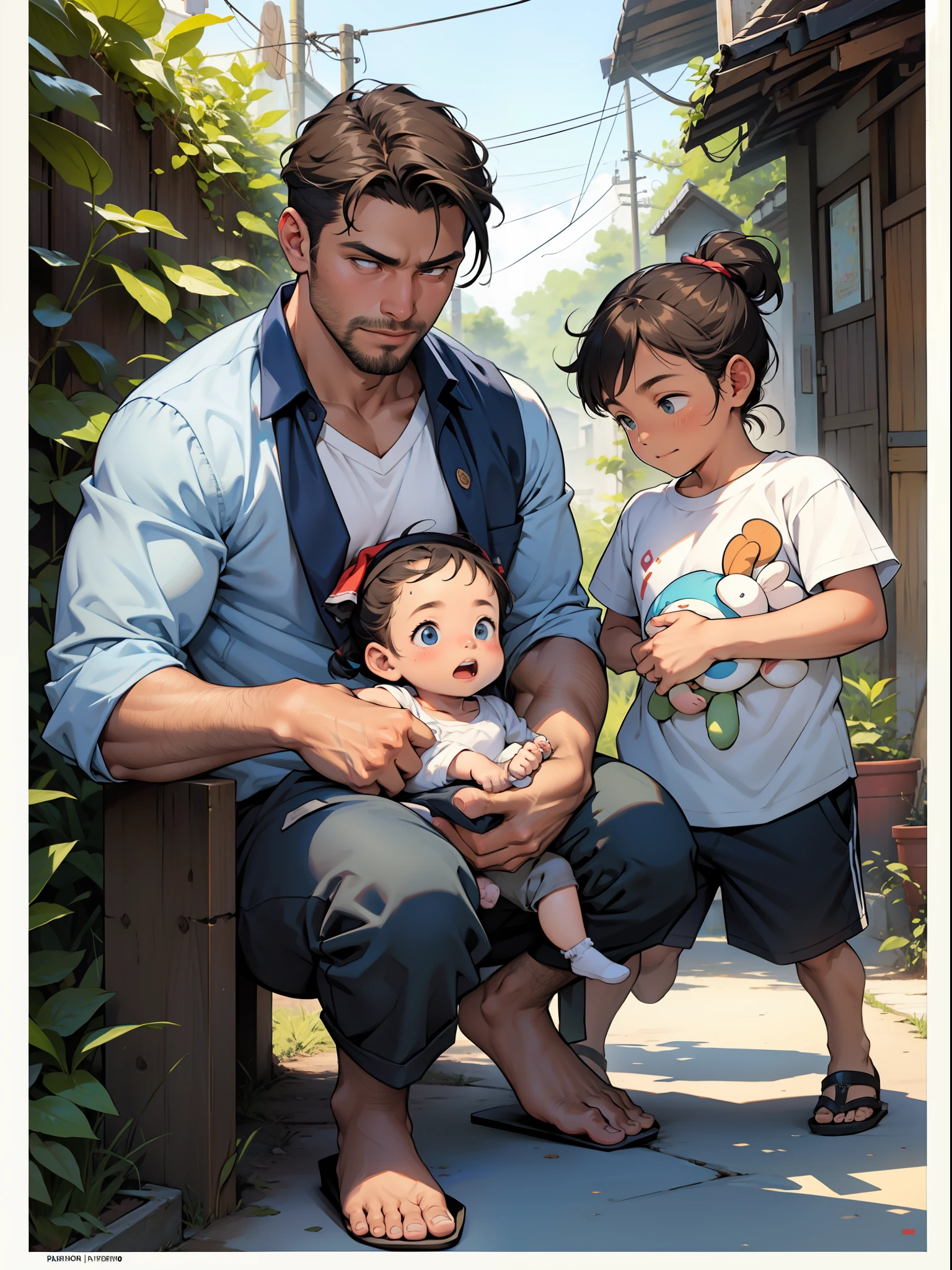 Um homem pai, with your children and baby, em um momento carinhoso e familiar.
