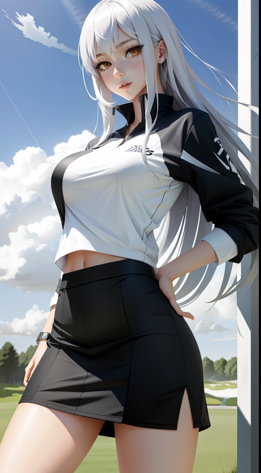 anime big breast,long whitr hair,Sporty wind,Best quality at best,Slender figure,golf course,short skirt,hyper-detailing,Skysky,perfect bodies,nakeness,No clothes,moisty
