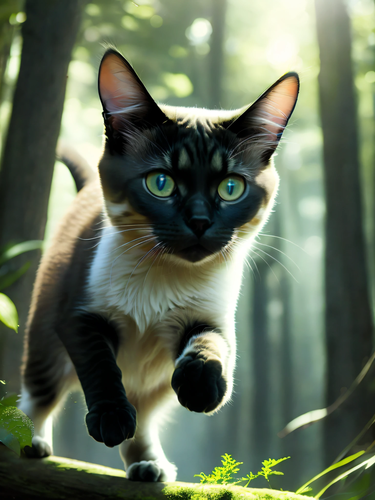 (((art  stations))), HD quality illustration,big breasts enchanting,eyes are blue，Around his neck hung a small red rope and a small silver bell，Super detailed soft closeup photo of Siamese cat jumping in forest,softlighting,（The light from the back window is backlighted：1.2），（film effect：1.2），complexdetails,Brilliant,rootkowski