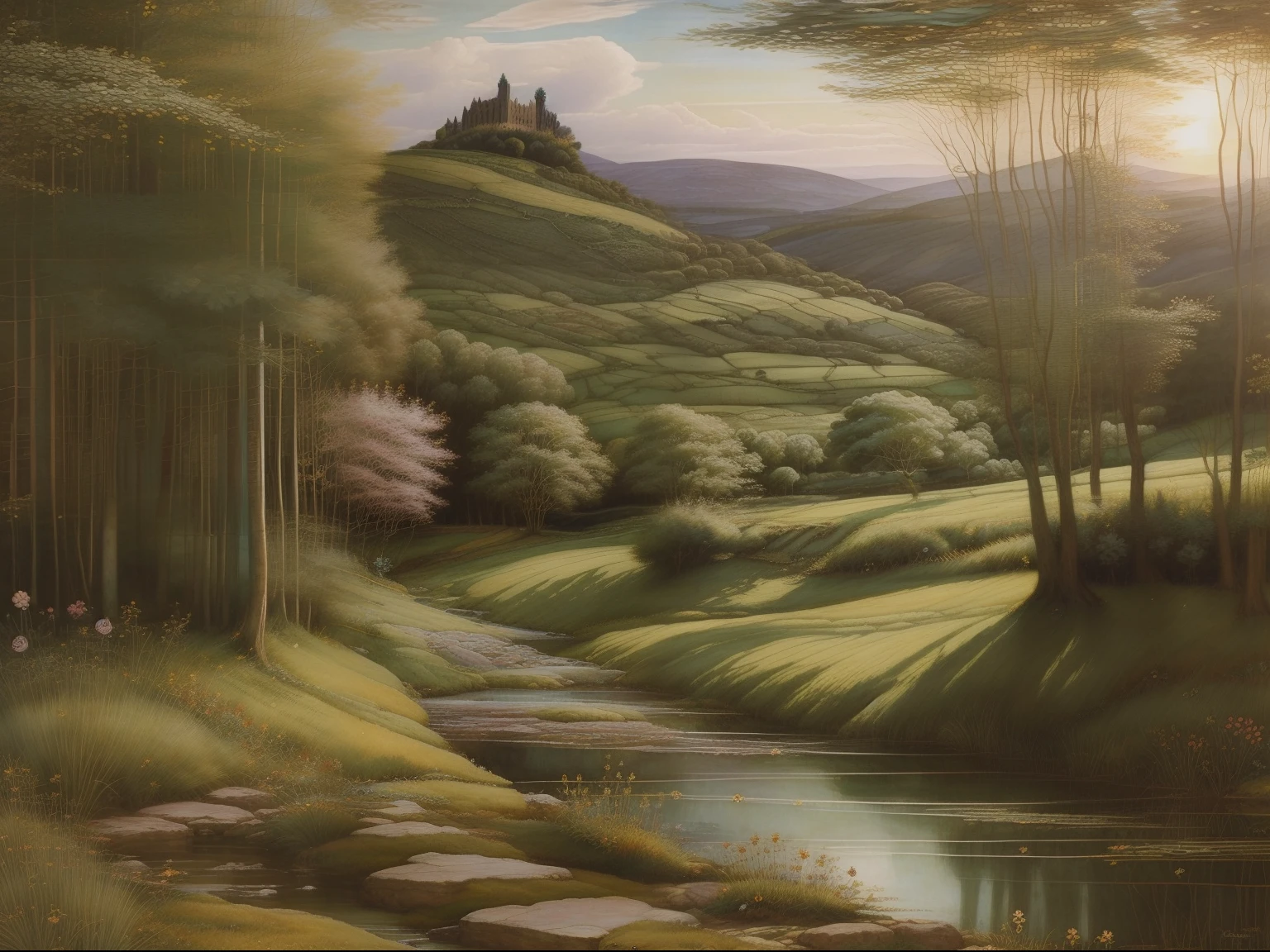 (((Celtic Pre-Raphaelite landscape painting, Floresta encantada, outono, cores vivas)))