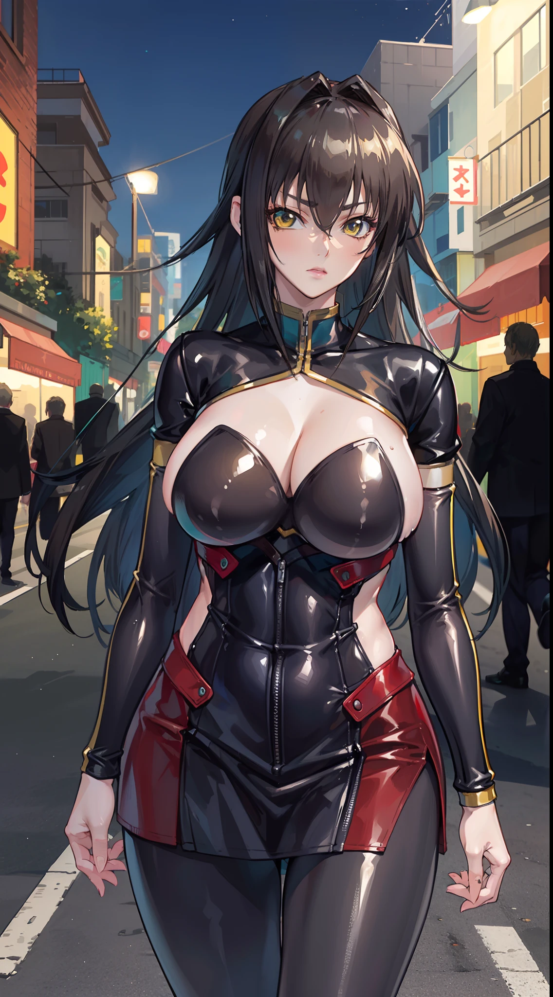 ((Realistic lighting, Best quality, 8K, Masterpiece: 1.3)), Focus: 1.2, 1girl, Perfect Body Beauty: 1.4, Slim Abs: 1.1, ((Dark Brown Hair)), (Aqua Dress: 1.4), (Outdoor, Night: 1.1), City Street, Super Fine Face, Fine Eyes, Double Eyelids, Annerose, 1girl, female mature, black hair, long hair, yellow eyes, large breasts, bodysuit, higheels, shiny clothes, skin tight, hair intakes, covered breasts, sideboob, cleavage, (solo:1.4)
