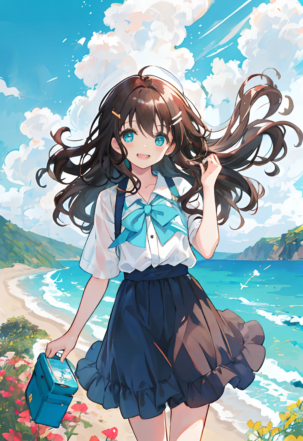 2. The character:When traveling in summer,Stand in front of the magnificent scenery,Big wavy dark brown long curly hair fluttering in the wind,The cyan eyes flashed with excitement and joy。 action:She picked up the camera,Record the beautiful moment in front of you,Deftly press the shutter,Capture beautiful art clips。