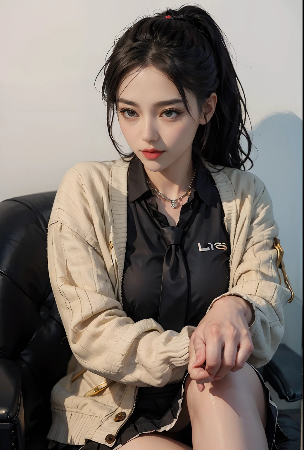 Exquisite、masterpiece、beautiful detail、Colorful and delicate details、Delicate lips、intricate detailes、large full breasts、Cool black sunglasses、1人の女性、(Beautiful 20 year old cute woman:1.1)、(50mm Sigma f / 1.4 ZEISS Lenses、F1.4、1 / 800 sec、ISO 100、a picture:1.1)、(poneyTail+Brunette 1.2)、(Photorealsitic:1.4)、(Spy:1.2)、(Open jacket、The shirt、skirt by the、neck tie、Black pantyhose、 Christian Louboutin\(Branding\)、:1.3)、耳Nipple Ring、a necklace、arm band、(Izakaya、bars:1.2)、(beauty legs、High Girl、skiny、slim_Legs、Thigh_the gap、modeled:1.2)、Flare from the front、(cool expression)、Dynamic Poses、(makeups:1.2)、(Sitting in a large office boss chair))