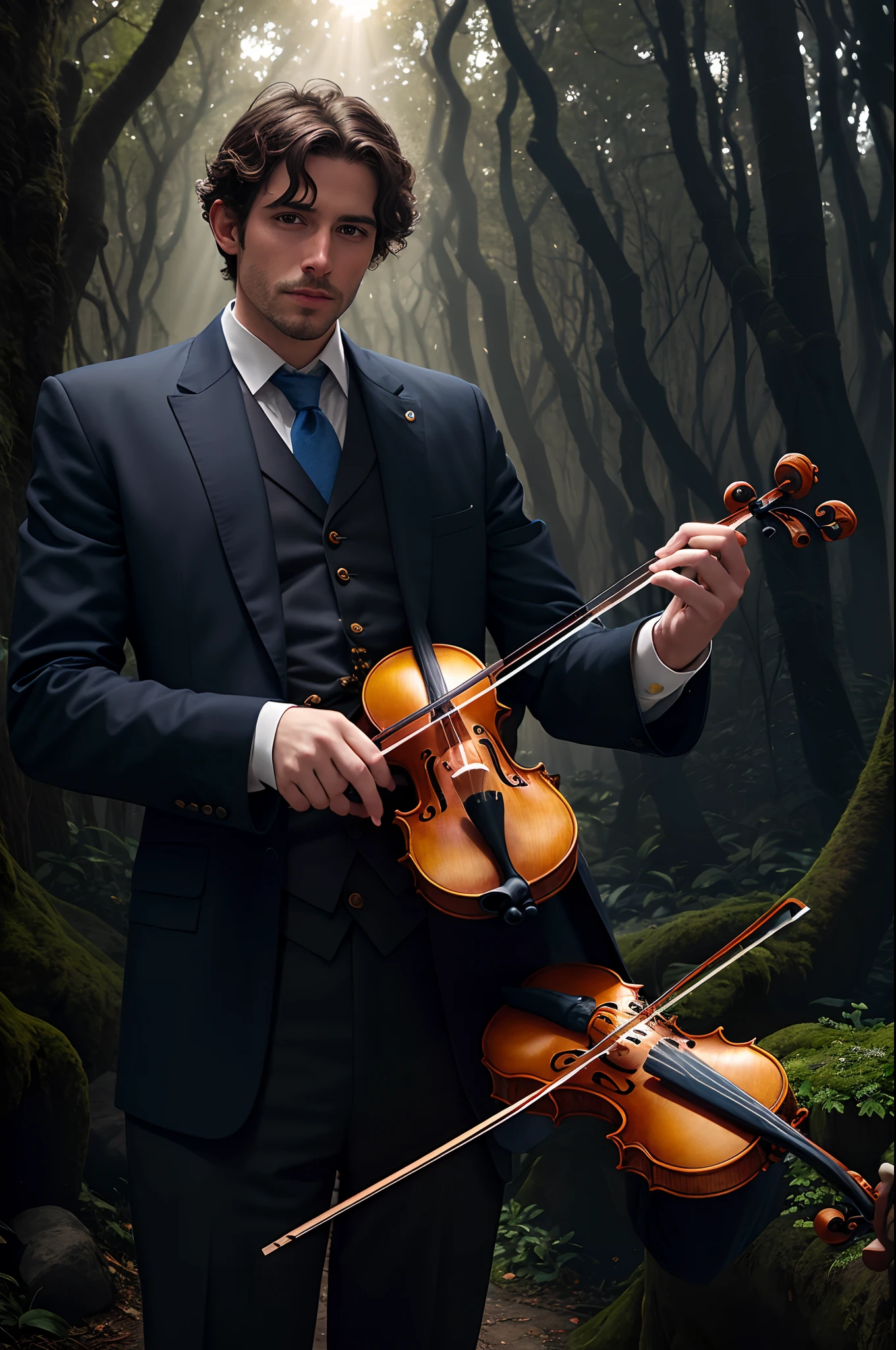 Crie uma imagem de um meio-elfo chamado Ephram. Ele tem uma postura esguia e elegante, with pale skin that contrasts sharply with her wavy, black hair, that fall gently to your ears. His face has soft features, mas determinados, and his eyes are a clear and deep blue, reminiscent of a cloudless sky.He's dressed in practical travel clothes, mas elegantes, who suggest that he is an experienced traveler. In one hand, he holds a unique violin, with delicate inscriptions and a hidden button that can turn it into a bow. He's in the position to play, with an invisible magic hand, resultado de sua habilidade de telecinese, holding the violin as he prepares the bow with his other hand.Ao fundo, A scenario of a mystical forest is insinuated, with ancient trees and rays of light seeping through the foliage, illuminating Ephram and creating an ethereal halo around him.
