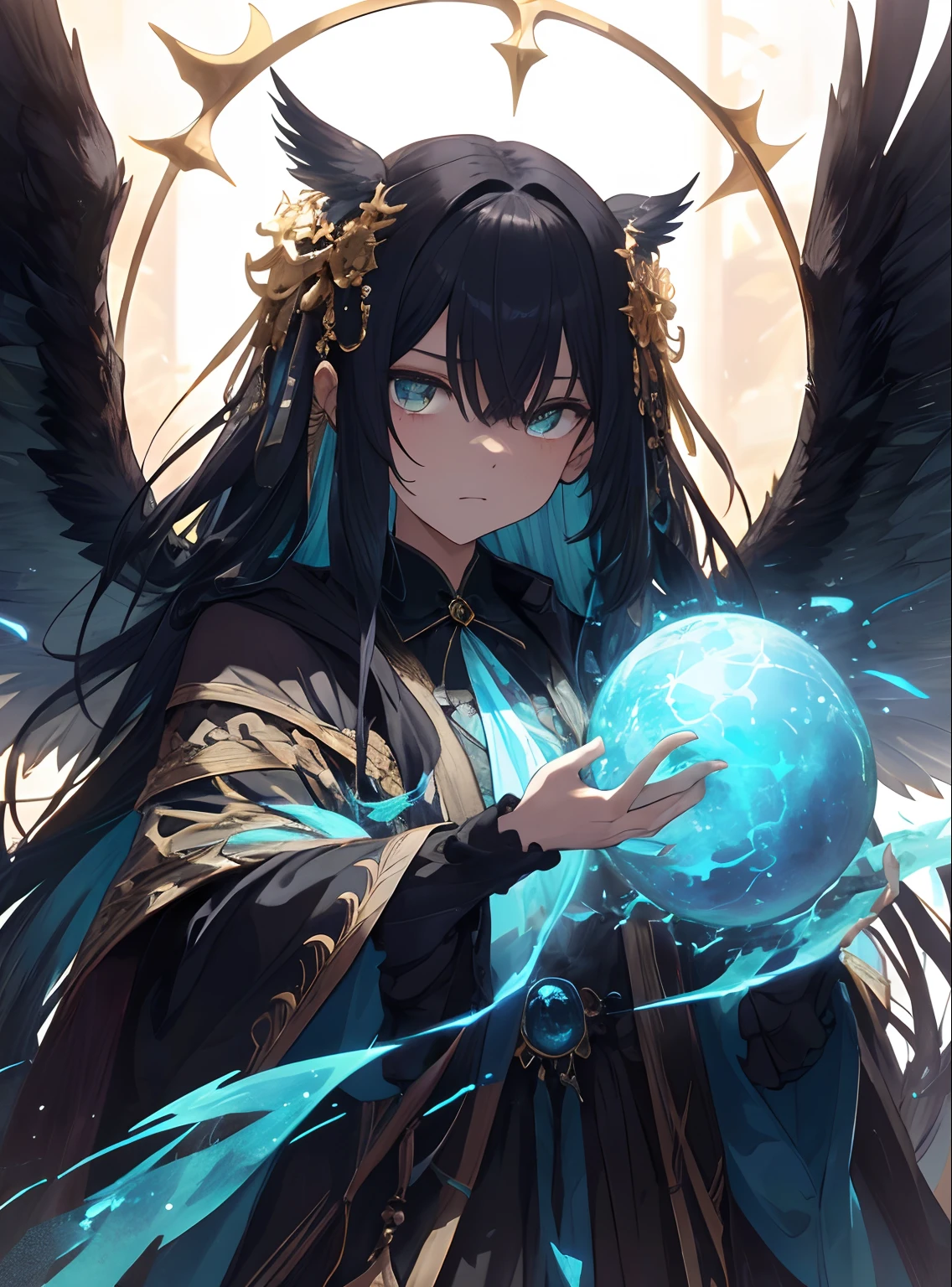 photo, portraite of a, 1male, ember,Dark art, the predominance of dark shades,The god,A mysterious and imposing creature, the appearance of which causes awe and horror. He represents the strength and power of the universe, which is reflected in his appearance.
Fan height above average, reaching approximately 2,5 meters. His body is slightly curved, as if adapted to fight huge forces. The skin has a deep black color, which seems to be permeated with a thin network of sparkling gold patterns. These patterns glow with a quiet golden glow, giving it an aura of mystery.
The main feature of the face is the eyes - deep, Bottomless and full of power. The eyes of the entity sparkle with bright green and blue hues, Creating the effect of a sparkling fire. The look is filled with rigor and inflexibility, as well as a fierce furious light, what strikes at violators.
She is dressed in a long cloak of dark color, Almost black material, which touches the land and, seem, melts in the shade. The raincoat has a wide collar, Emphasizing His Majesty, and its edges are constantly moving and oscillating, Creating the effect of a light wind, which always surrounds him.
In the course of its appearance, sometimes shows wings, consisting of thin and transparent feathers, That, seem, fly around it, creating the effect of lightness and airiness. When it moves, Its wings sparkle with golden light, leaving a trail of magical energy in its wake.
Such a detailed appearance gives it a mystical and mysterious aura, emphasizing his role as an omnipotent being, Punishment of violators of the law.电影灯光, Detailed background, centred, insanely detailed, hight resolution, ConceptArt, digital arts, The vibrant, (The most beautiful art in the world:1.2),(V0id3nergy:1.3)