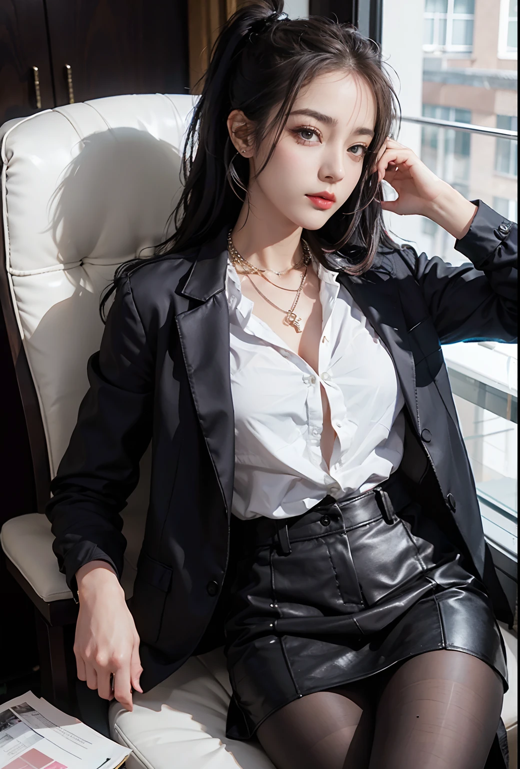 Exquisite、masterpiece、beautiful detail、Colorful and delicate details、Delicate lips、intricate detailes、large full breasts、Cool black sunglasses、1人の女性、(Beautiful 20 year old cute woman:1.1)、(50mm Sigma f / 1.4 ZEISS Lenses、F1.4、1 / 800 sec、ISO 100、a picture:1.1)、(poneyTail+Brunette 1.2)、(Photorealsitic:1.4)、(Spy:1.2)、(Open jacket、The shirt、skirt by the、neck tie、Black pantyhose、 Christian Louboutin\(Branding\)、:1.3)、耳Nipple Ring、a necklace、arm band、(Izakaya、bars:1.2)、(beauty legs、High Girl、skiny、slim_Legs、Thigh_the gap、modeled:1.2)、Flare from the front、(cool expression)、Dynamic Poses、(makeups:1.2)、(Sitting in a large office boss chair))