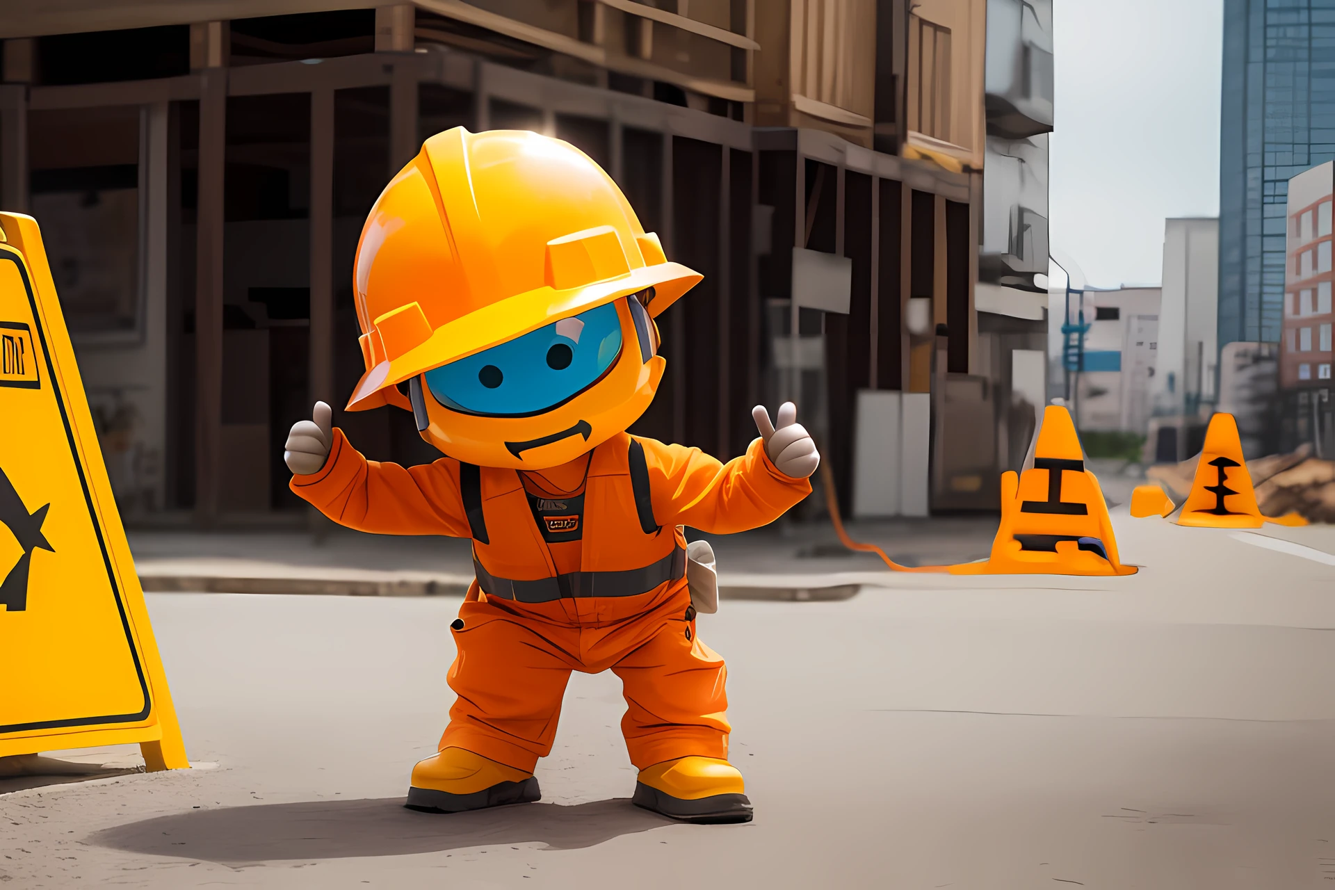 There is a small toy in a helmet and protective equipment, Robot in construction, toy commercial photo, Stop-motion character animation, Beautiful professional photography, Character Toonix, Stock Photo, Minion gives a thumbs up, construction, Caracter with a brown cap, Anthropomorphic character, Blippy, Pixar character, Cute Pixar character, Posing a character, ideal pixar character