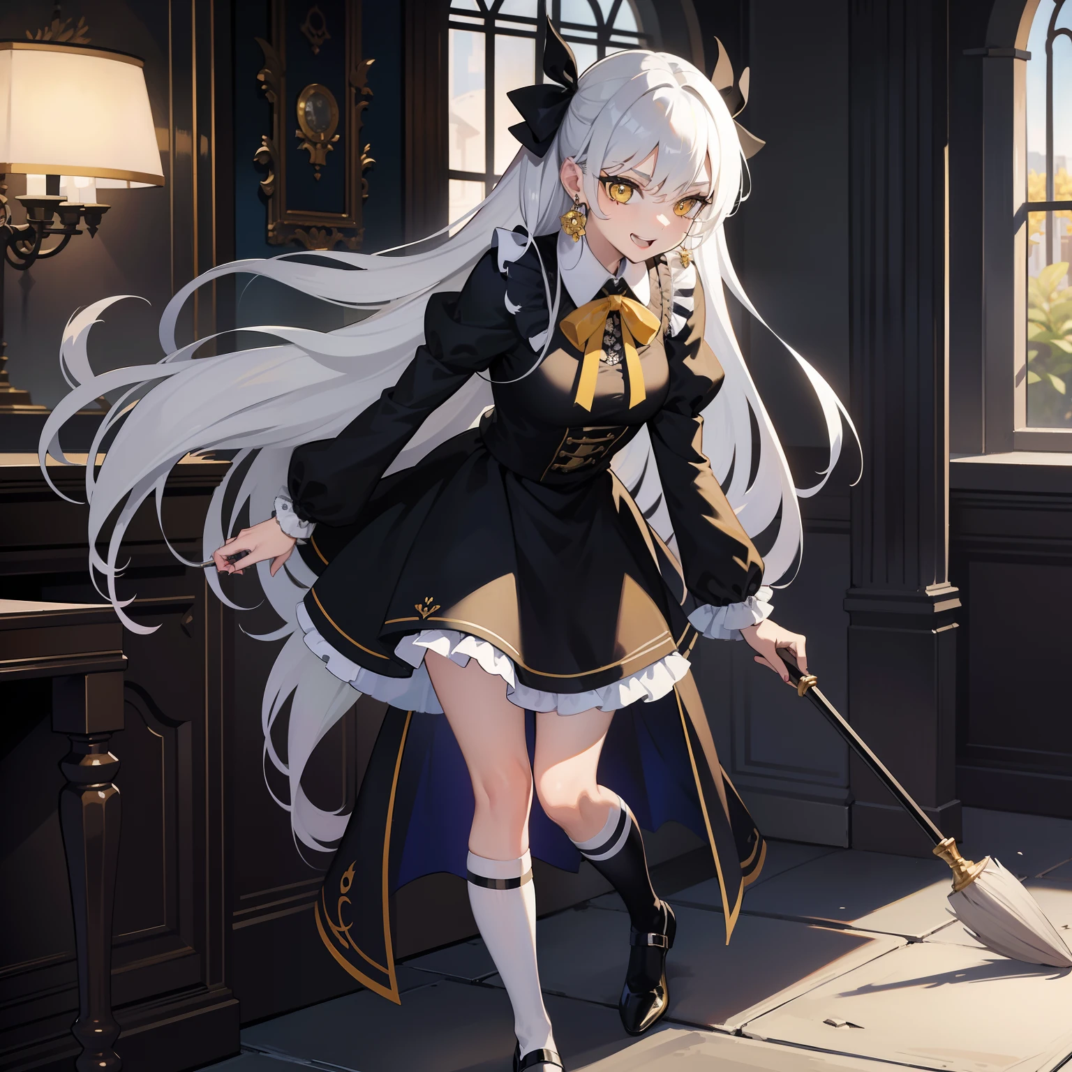 Masterpiece, Best quality, Comic, English, Solo, trap, Long hair, Silver hair, sweeping bangs, Laughing, Yellow eyes, Gothic, Revealing dress, white kneehighs, shoes , flower ribbon, Earrings, Cane,