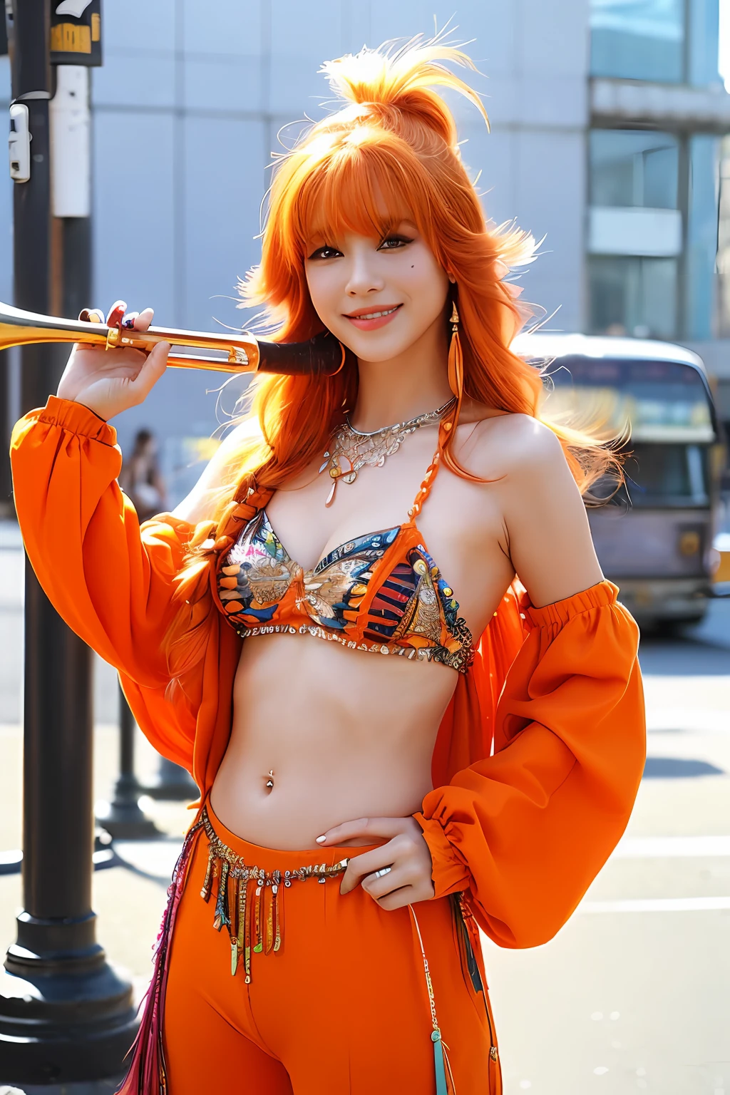 (extra detailed body、extra detailed face、best qualtiy:1.2)、femele、looking at the viewers、(Orange hair、Flashy clothes、ars、a smile、Feather piercings down to the bottom of the shoulder、hippy、hair adornments、Fancy Necklaces、Trumpet pants)、(City in the 70s:1.4)