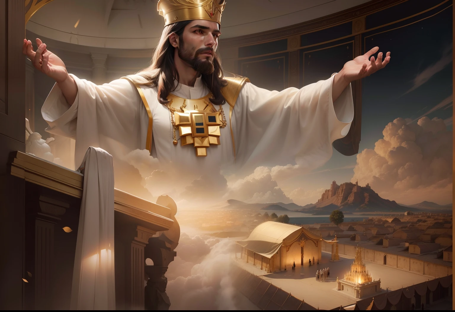 Jesus Cristo com aspecto resplandecente com roupas de sacerdote, ao seu lado querubins masculinos dourados de ouro puro. imagem celestial, Image with very high lighting quality, Very high resolution image, image with very high coloration, imagem hiperdetalhada, imagem hiper realista