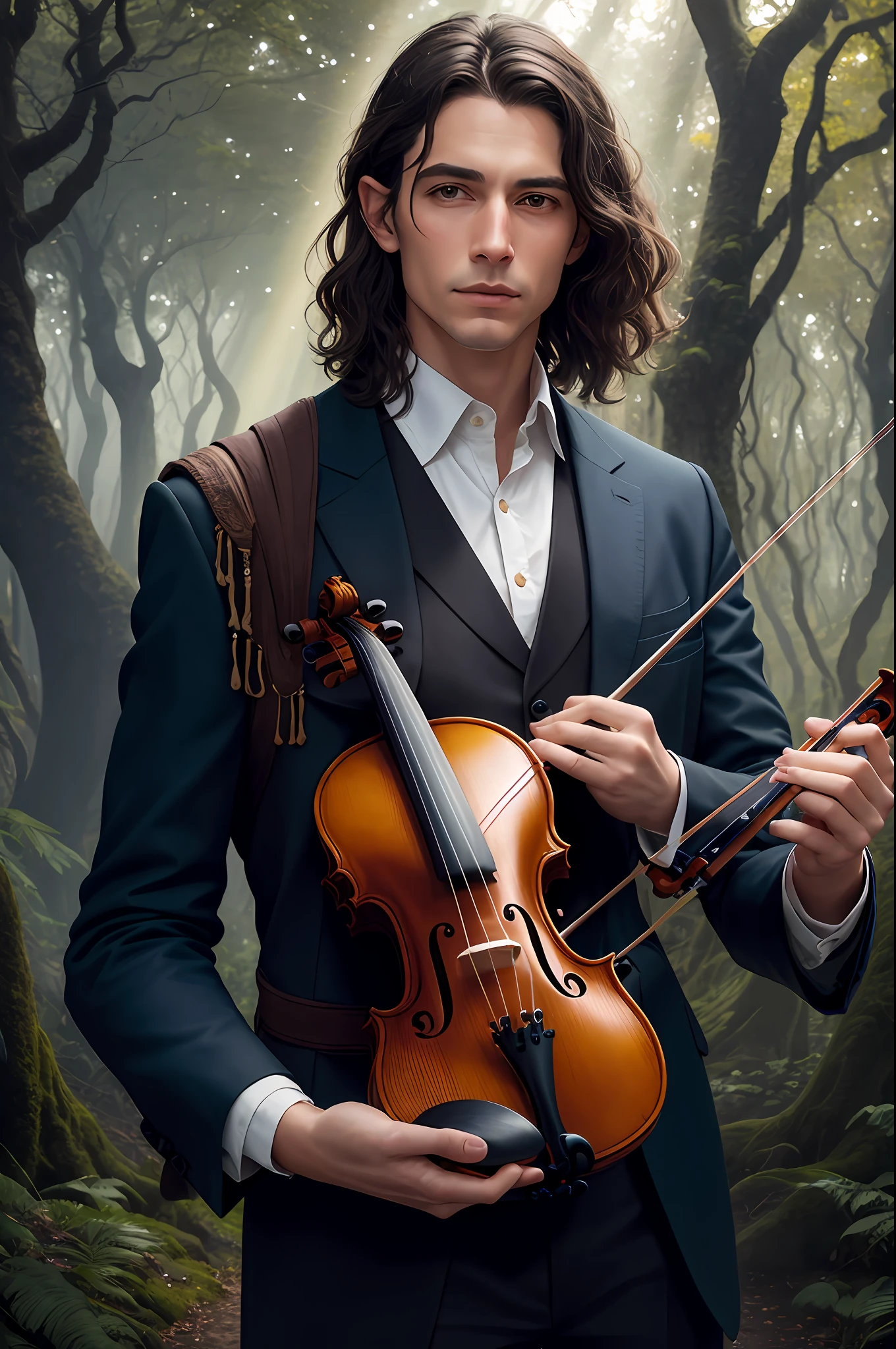 Crie uma imagem de um meio-elfo chamado Ephram. Ele tem uma postura esguia e elegante, with pale skin that contrasts sharply with her wavy, black hair, that fall gently to your ears. His face has soft features, mas determinados, and his eyes are a clear and deep blue, reminiscent of a cloudless sky.He's dressed in practical travel clothes, mas elegantes, who suggest that he is an experienced traveler. In one hand, he holds a unique violin, with delicate inscriptions and a hidden button that can turn it into a bow. He's in the position to play, with an invisible magic hand, resultado de sua habilidade de telecinese, holding the violin as he prepares the bow with his other hand.Ao fundo, A scenario of a mystical forest is insinuated, with ancient trees and rays of light seeping through the foliage, illuminating Ephram and creating an ethereal halo around him.