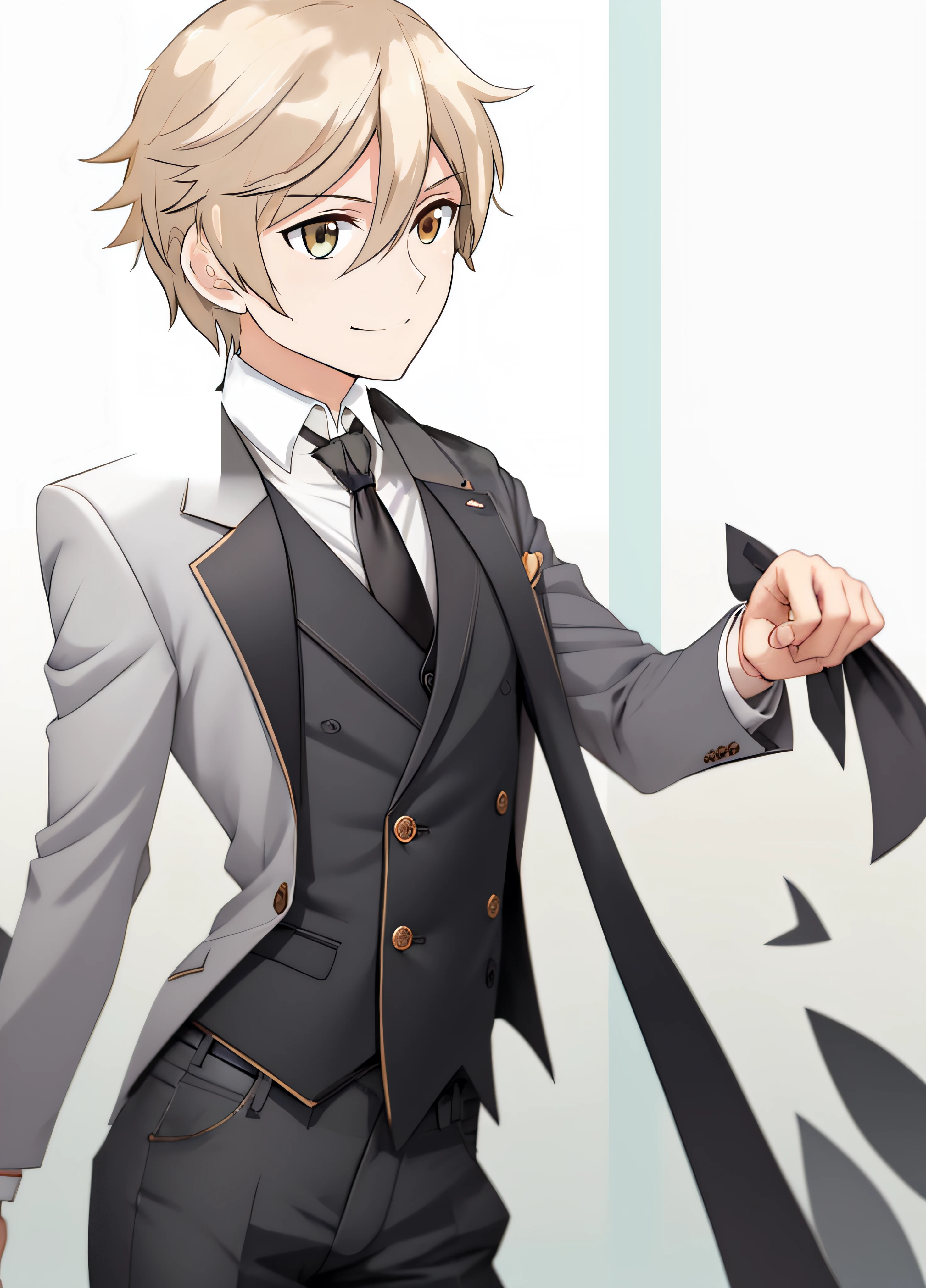 Anime boy with blonde hair and black tie in suit, Delicate androgynous prince, [[[[grinning evily]]]], Also, portrait of magical blond prince, young anime man, Anime portrait of a handsome man, Beautiful androgynous prince, dramatic smirk pose, halfbody headshot, slightly happy facial expression, telegraph stickers