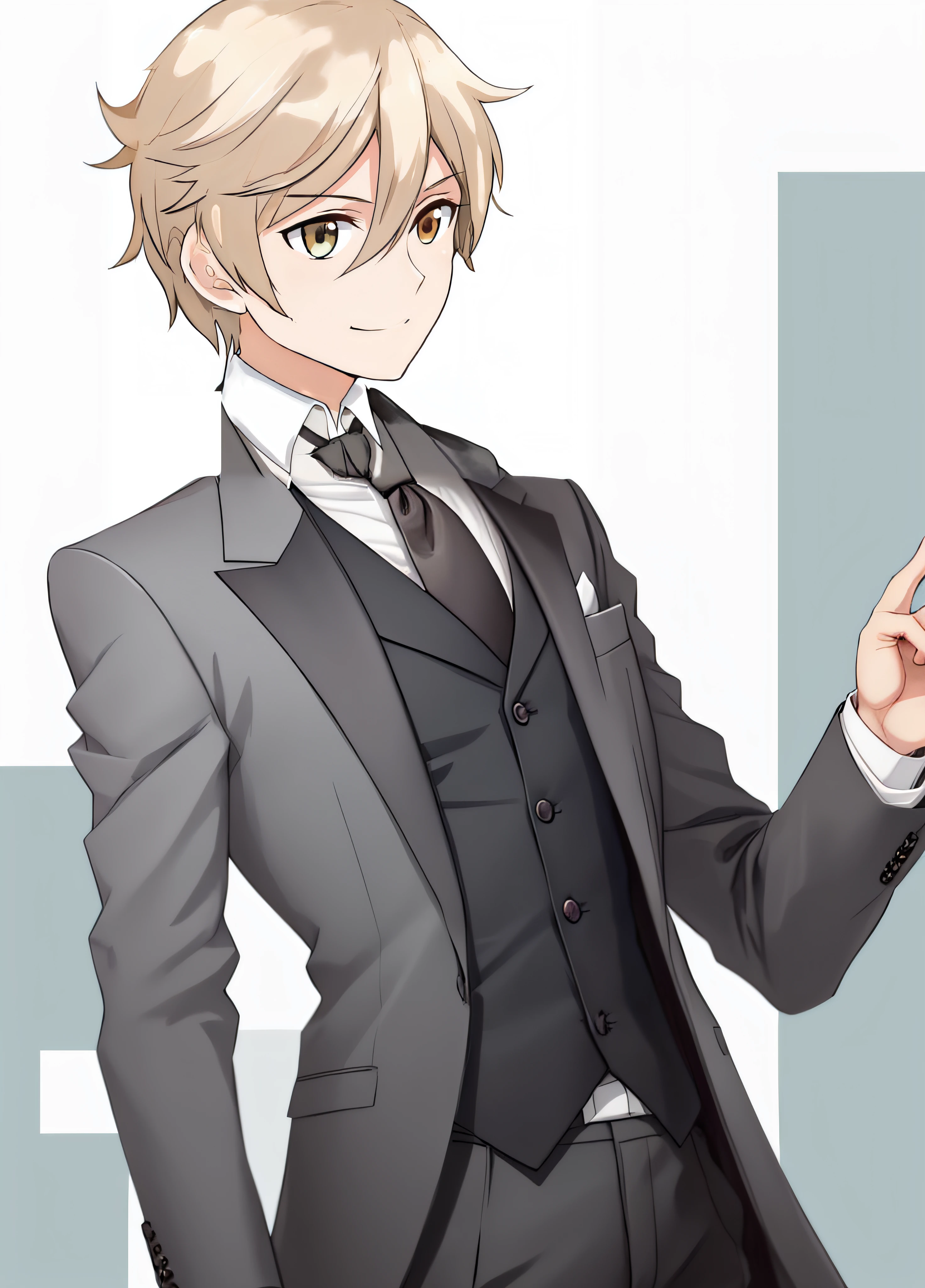 Anime boy with blonde hair and black tie in suit, Delicate androgynous prince, [[[[grinning evily]]]], Also, portrait of magical blond prince, young anime man, Anime portrait of a handsome man, Beautiful androgynous prince, dramatic smirk pose, halfbody headshot, slightly happy facial expression, telegraph stickers