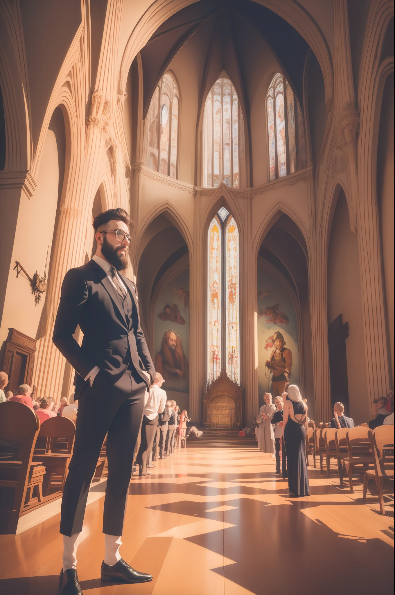 a painting of a man with a beard and a beard standing in a church, inspired by Richard Dadd, inspired by Ford Madox Brown,bgill55_art, promotional artwork, promotional art, movie promotional image, inspired by Grayson Perry, alchemical still, in a castle on an alien planet, anachronistic fantasy, inspired by David LaChapelle, promotional image