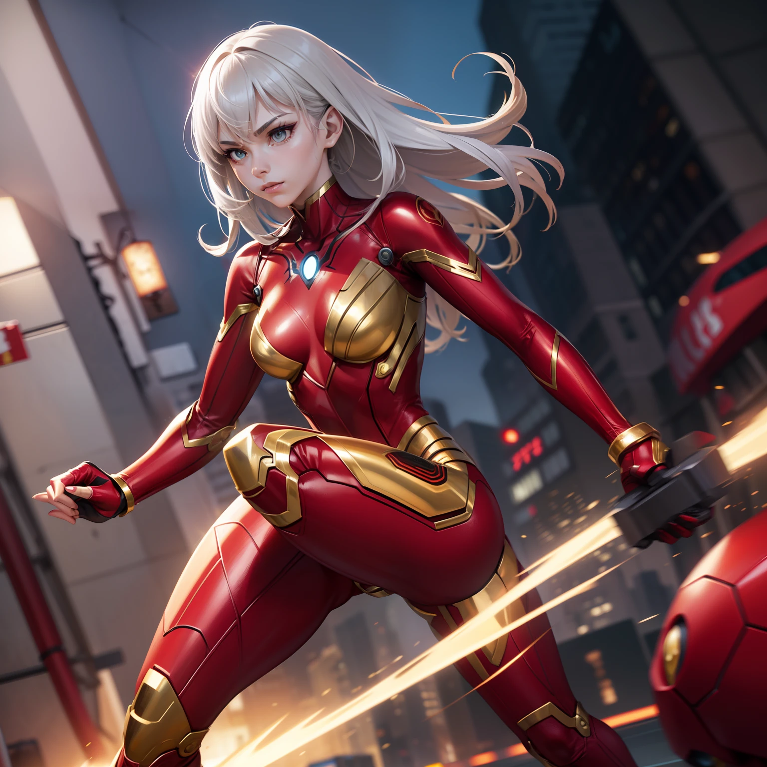 spiderwoman　real  face　Bodysuit with gold and silver motif　18year old　Only one person　Variety of poses　Realistic depiction　Photoquality　No blurring　combat scene　ironman　　（（（4 red metal legs）））　（sharp fingers:5-Fingers）