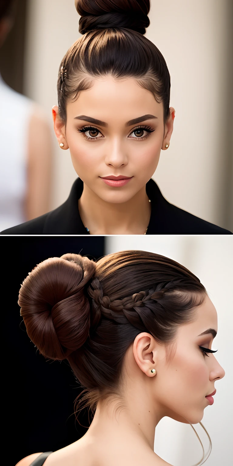 Produce a series of images that highlight the elegant totó hairstyle offered by 'BraidsUnique Hairstyles'. Each image should show different variations of the bun, from a classic totó to more elaborate and modern styles. Include examples of tall fools, baixos e laterais, demonstrando a versatilidade desse penteado. Ensure that each image captures the sophistication and attention to detail that Natalia brings to each hairstyle. Convey the idea that a simple bun can turn into a unique work of art in Natalia's skilled hands, highlighting the elegance and personalization that the brand offers."