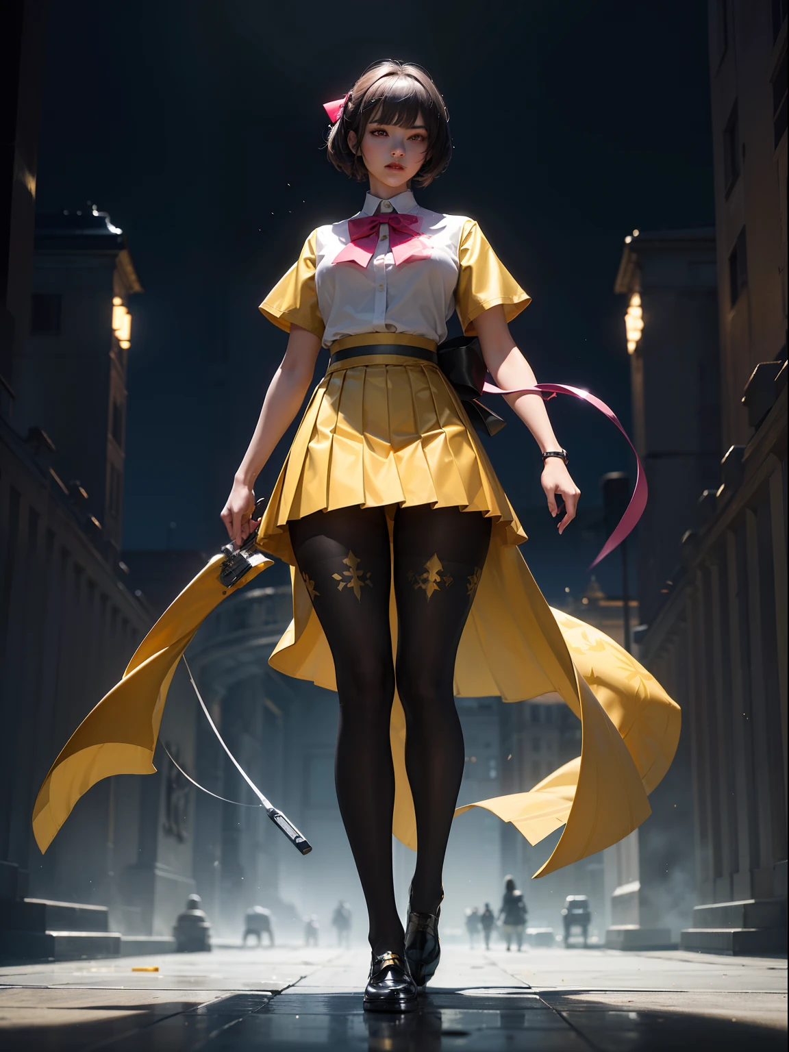 (full body:1.5),(1girl:1.3),(looking at viewer:1.4),(anatomy correct:1.3),(In the paradise of the day:1.3),(Wearing Very thick Printed Pantyhose and Golden Saint Warrior Set JK uniform printed pleated skirt and JK uniform leather shoes with bow decoration :1.3), (A high jump posture:1.3),(In pink|amarelo|blue colors|green color|red colour|white colors|black in color|purpleish color|greys|Beige|Flesh color 1.4),(Glowing eyes:1.3),(Accurate and perfect face:1.4),(Clothing Gloss:1.25),(Skin reflection:1.25),hyper HD, Ray traching, reflective light,structurally correct, Award-Awarded, high detal, lightand shade contrast, Face lighting,cinmatic lighting, tmasterpiece, super detailing, high high quality, high detal, best qualityer, 16k,high contrast,