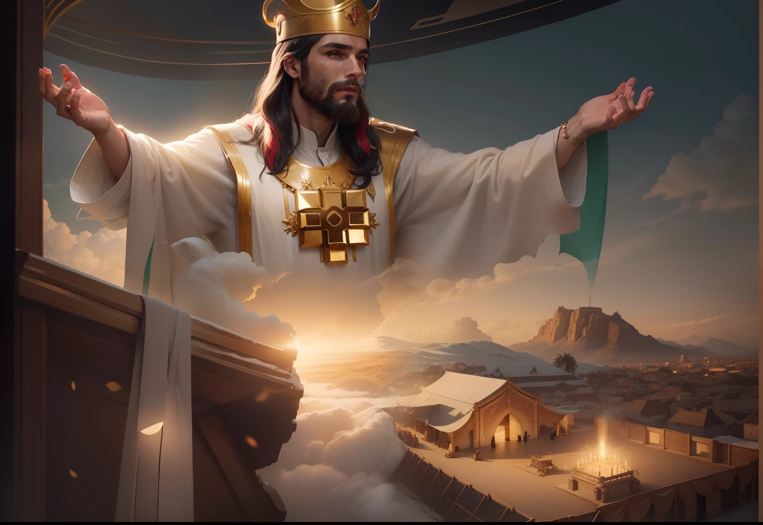 Jesus Cristo com aspecto resplandecente com roupas de sacerdote, ao seu lado querubins masculinos  dourados de ouro puro. imagem celestial, Image with very high lighting quality, Very high resolution image, image with very high coloration, imagem hiperdetalhada, imagem hiper realista