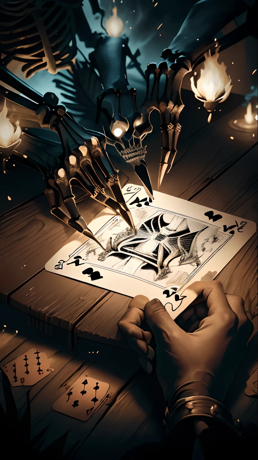 Playing cards catching fire in a black and white skeleton hand