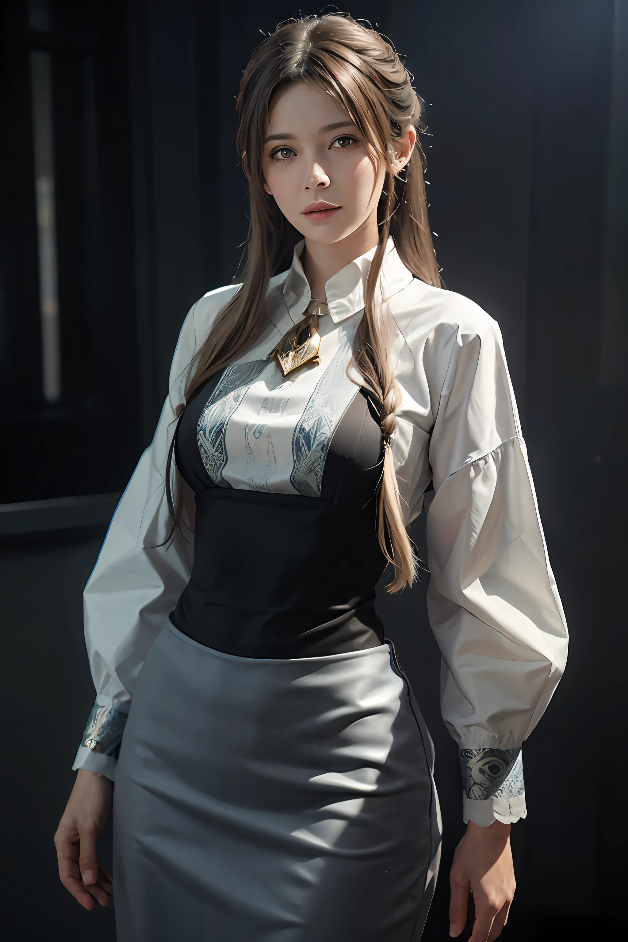 Hyperrealist portrait of female by david hockney and alphonse mucha,fantasy art, photo realistic, dynamic lighting, artstation, poster, volumetric lighting, very detailed faces, 4 k, award winning,, 1girl, in the dark, deep shadow, low key,cowboy shot,(official clothing:1.4) ,long hair,white hair,