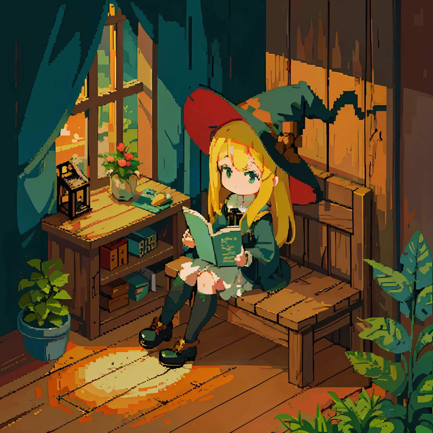 There was a girl sitting on a bench reading a book, #pixelart:3, the witch, bright witch, kirisame marisa, Lofi art, /r/pixelart, made in rpg maker, witch academia, drawn in anime painter studio, lofi-girl, # pixelart, #pixelart, isometric pixelart, in a potion shoppe, witch fairytale