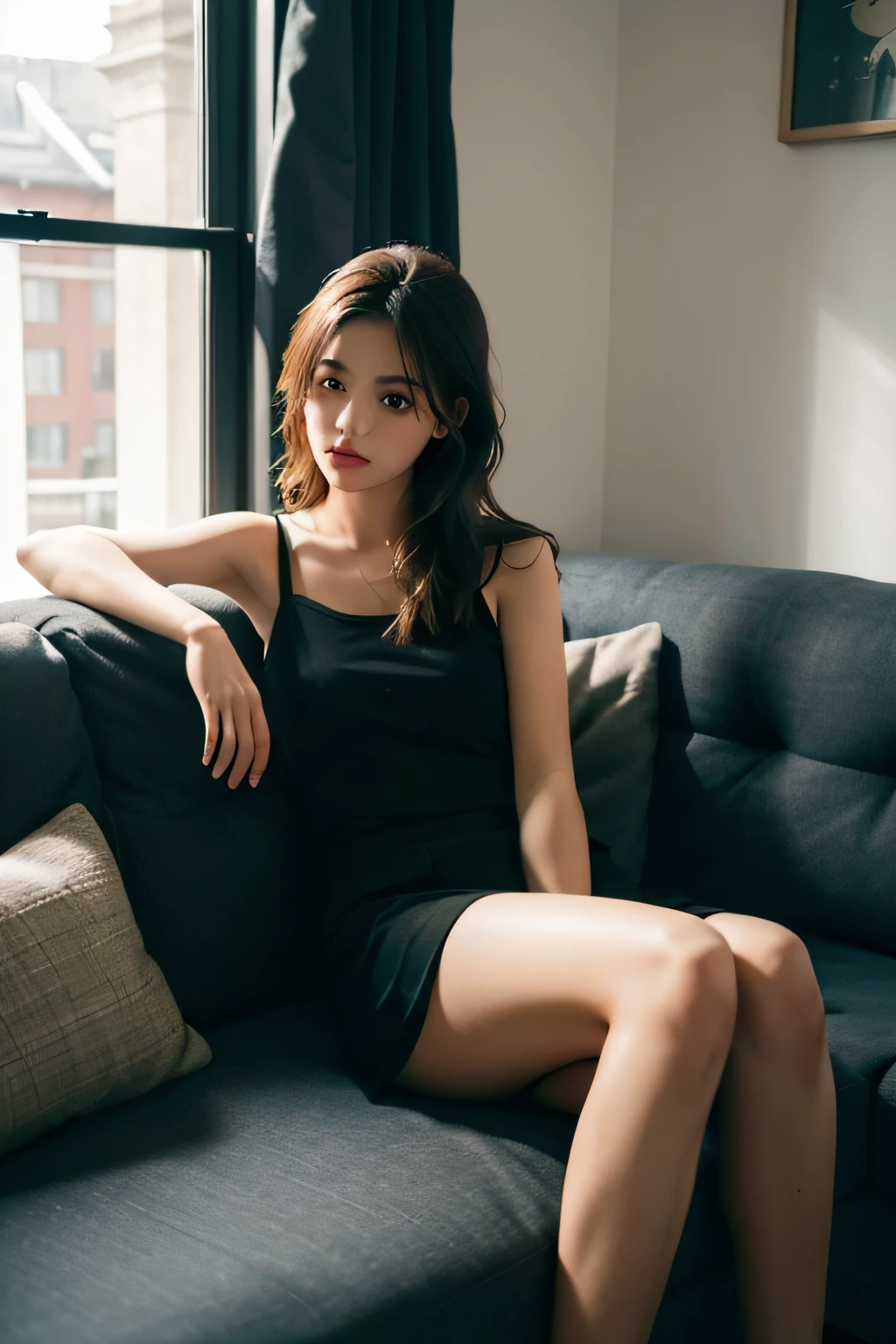 1girll,Sit on a comfortable sofa,Cross ed leg,Soft light