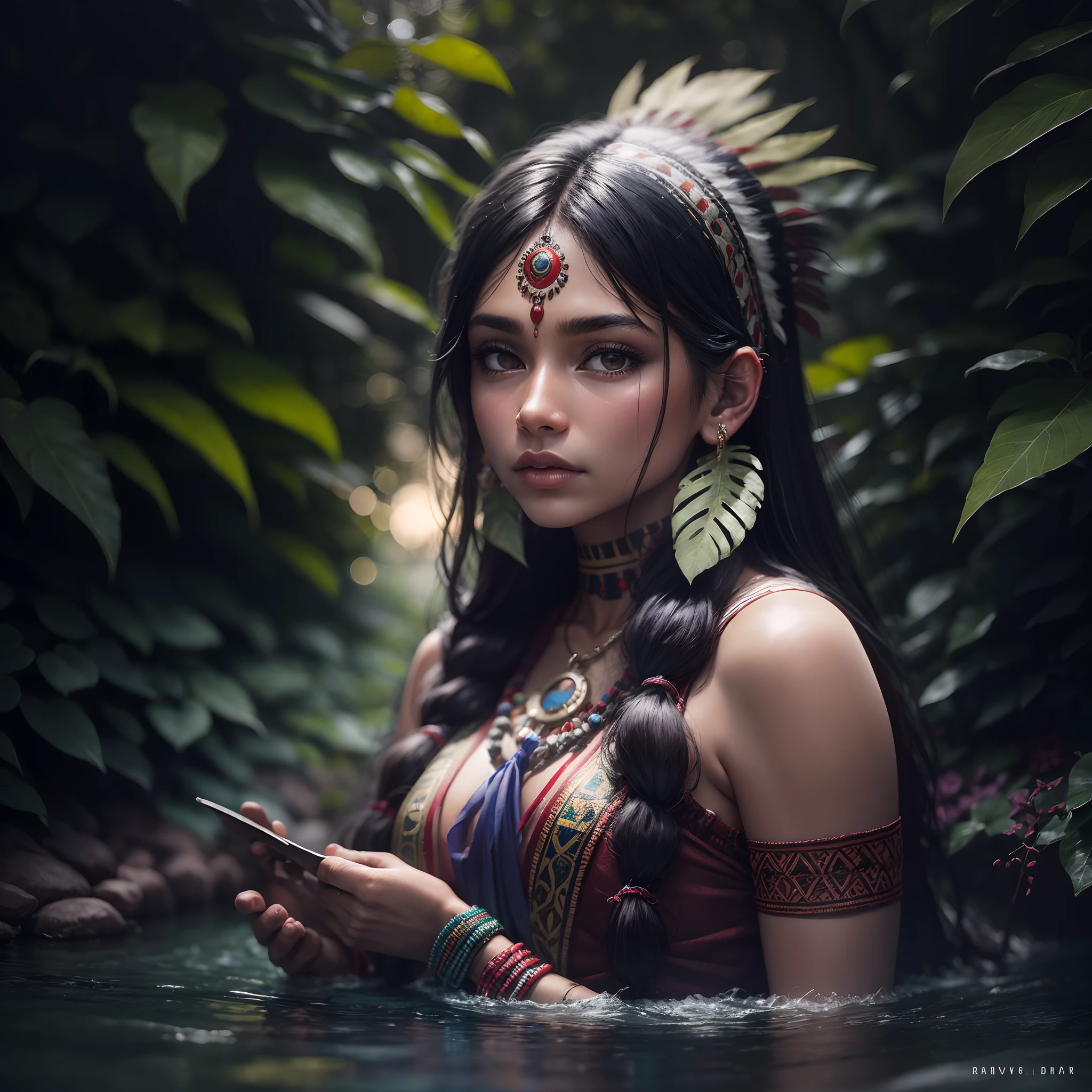 Images of colorful native Indians in a river with forests、Create with a light touch of mystery and sensuality. Grow your images with high quality,Images with realism