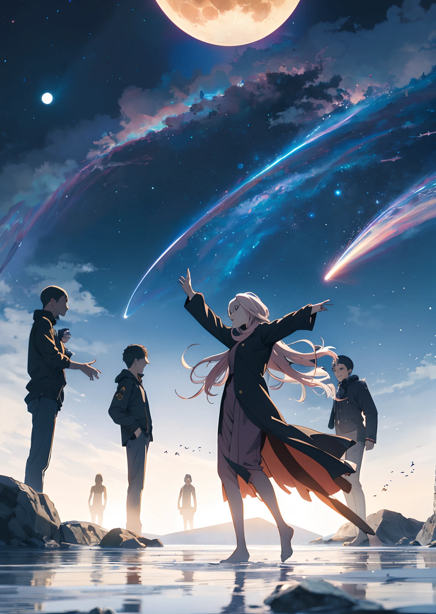 A girl with long pale pink hair dances to the accompaniment of the stars and the moon, Several familiar and unfamiliar figures stared at her from a distance, Farther afield, newborn humanity is toasting the continuation of civilization and the dawn that has finally arrived