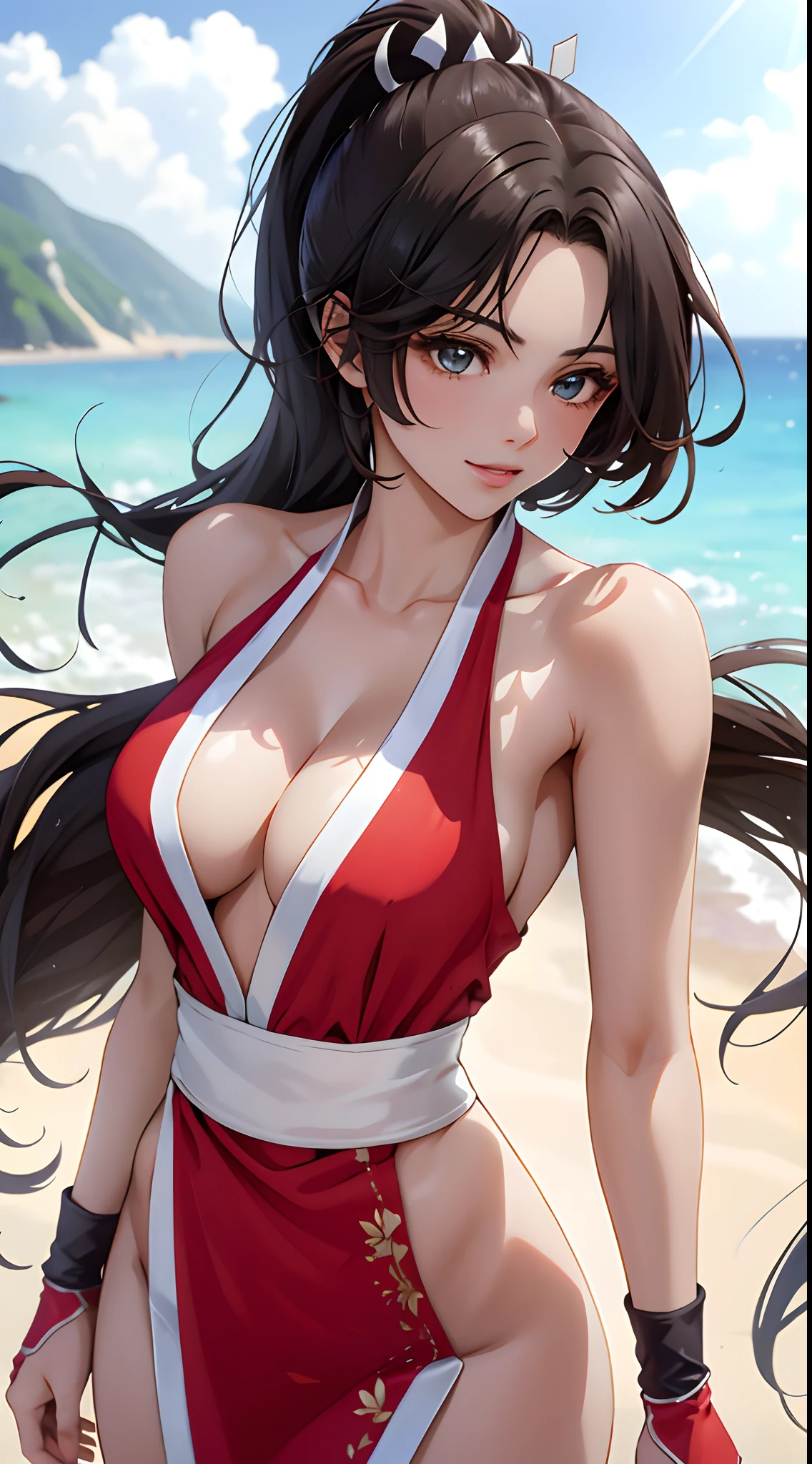 ( Best quality, tmasterpiece:1.5), （Photo above the chest：1.5），Kizi, Beautiful face, Detailed eyes,light in face, mini-skirts，ssmile，（cleavage：1.5）long whitr hair，black color hair，（Off-the-shoulder attire:1.5），（Bigchest:1.5）（cleavage:1.5），perfect body figure，looking at viewert，（sea beach，outside，Ultra-detailed background：1.2）