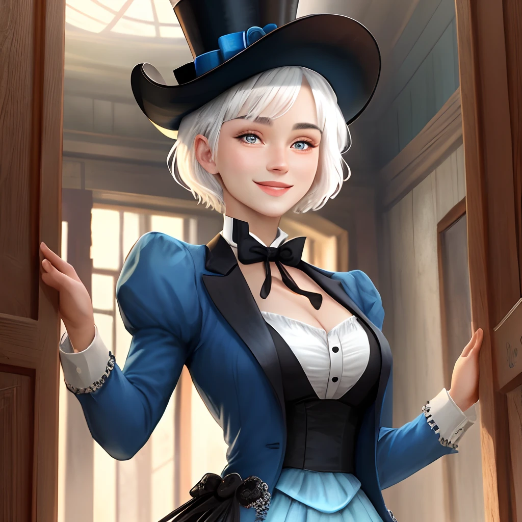 White hair, heterochromic pupils, blue pupils, western fantasy, black top hat, two-dimensional light blue short hair, female dress, smile, looking down