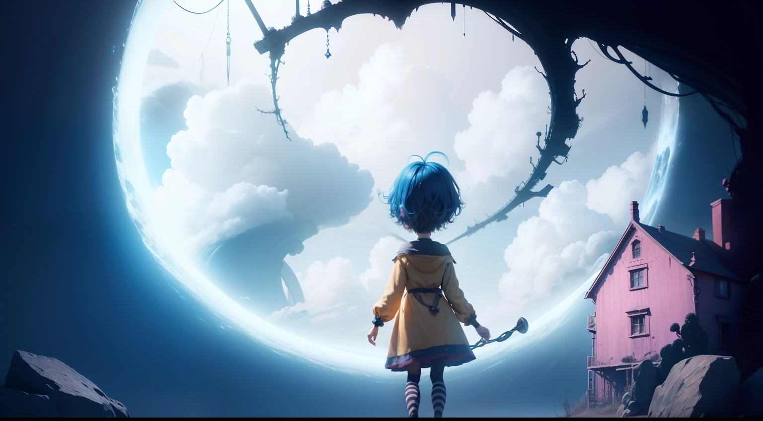 "(extremely detailed CG unity 8k wallpaper), Coraline movie-inspired, showcasing a mesmerizing stop motion masterpiece, featuring a dark atmosphere, a captivating character with blue hair, set in a stunning pink mansion fit for a Coraline 2 movie scene."