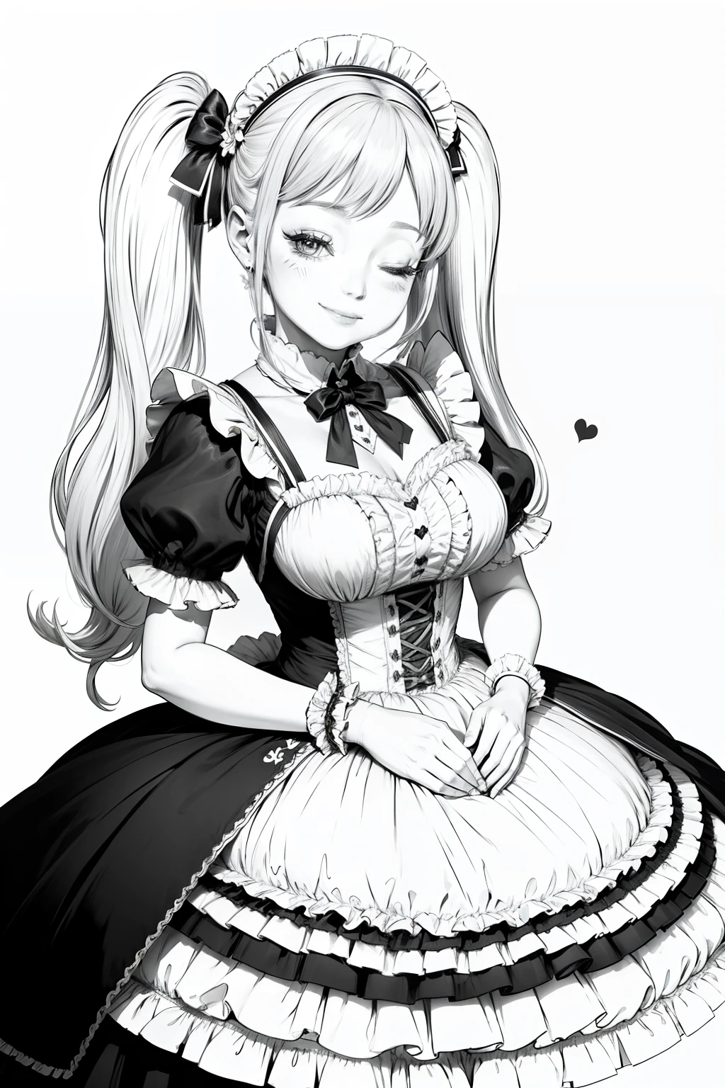 masterpiece, best quality, 1girl, smile, one eye closed, dutch angle, twintails, cowboy shot, maid dress, heart hands, lineart, monochrome, maid headdress,