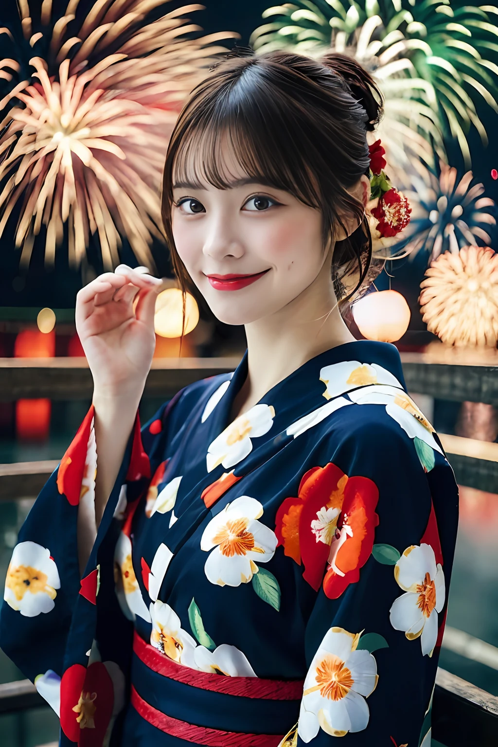 ((masterpiece, highest quality, super definition, high definition)), solo, beautiful girl, shining eyes, perfect eyes, beautiful sister in Japan, yukata with red floral pattern, fireworks background, high quality, 4K.
