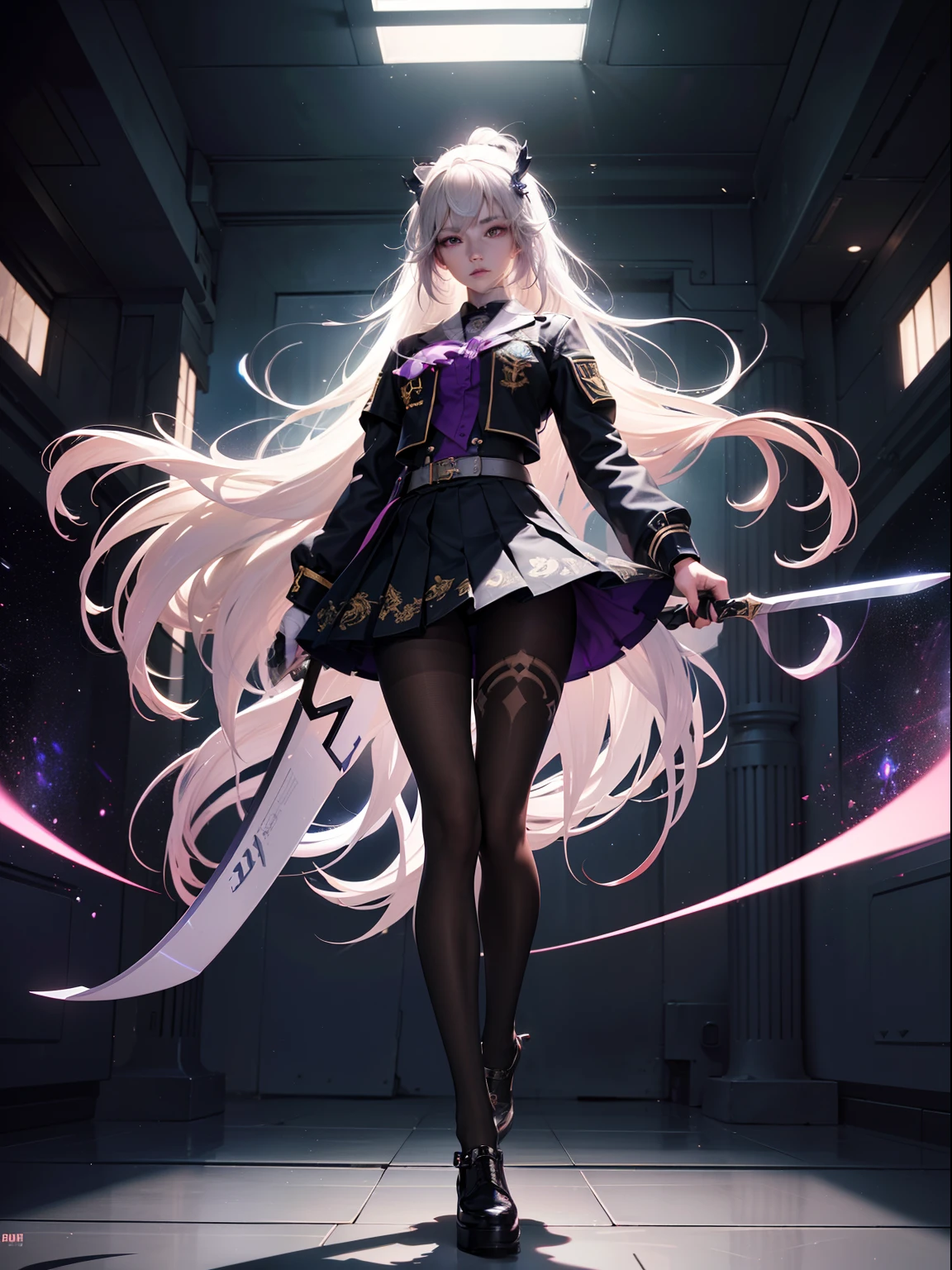(full body:1.5),(1girl:1.3),(looking at viewer:1.4),(anatomy correct:1.3),(In the paradise of the day:1.3),(Wearing Very thick Printed Pantyhose and Starcraft 's Blade Queen Set JK uniform printed pleated skirt and JK uniform leather shoes with bow decoration :1.3), (A high jump posture:1.3),(In pink|amarelo|blue colors|green color|red colour|white colors|black in color|purpleish color|greys|Beige|Flesh color 1.4),(Glowing eyes:1.3),(Accurate and perfect face:1.4),(Clothing Gloss:1.25),(Skin reflection:1.25),hyper HD, Ray traching, reflective light,structurally correct, Award-Awarded, high detal, lightand shade contrast, Face lighting,cinmatic lighting, tmasterpiece, super detailing, high high quality, high detal, best qualityer, 16k,high contrast,