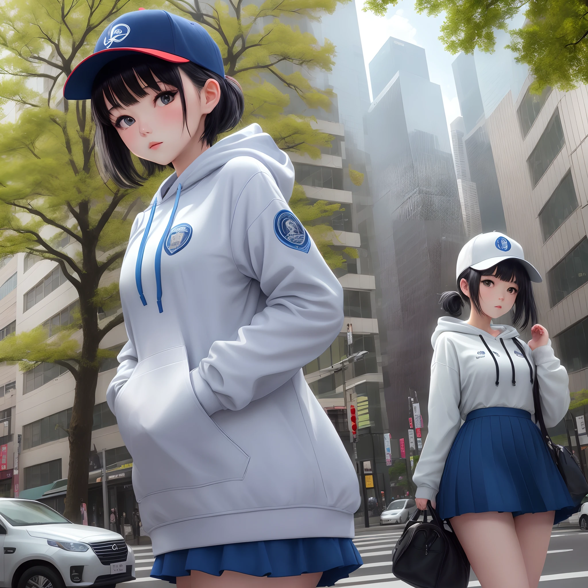 1girl, 24 years old, straight-on, upper body, looking at viewer, black hair, short hair, side ponytail,  expressionless, medium breasts, badge, bangs, blue baseball cap, detailed eyes, clothes writing, white clothes, hood, hood down, standing, long sleeves, closed mouth, (blue skirt:1.05), solo, (light blush:0.9), bare tree, building, city, cityscape, day, outdoors,  street, tokyo \(city\), tree