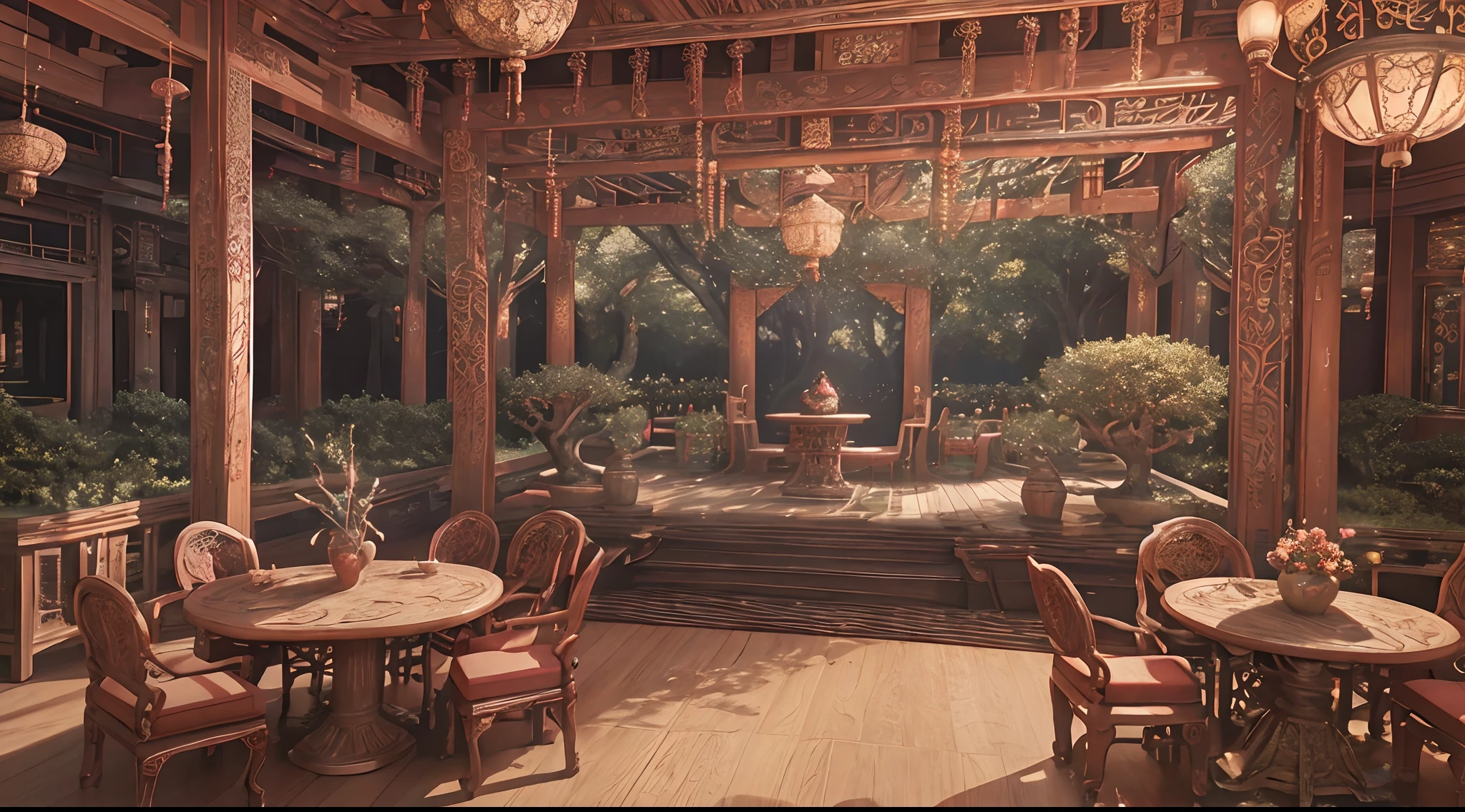 (antique interior design), Chinese home furnishings, round porch, depth, symmetrical design, ((antique carved door beams, carved beam paintings, tables and chairs, bonsai, vases, porcelain, trees, flowers, Chinese lamps, embroidery, screens, beds, cushions, red sand curtains)), exquisite home, rich details, ancient Chinese Ming dynasty style, quiet and elegant atmosphere, red tones as the keynote, exquisite and soft painting style, cinematic lighting effects, HD picture quality, soft light, Tyndall effect, dreamy, rich details, Reference Gu Kaizhi, 32k, high quality, high resolution, (very detailed CG unity 8k wallpaper)