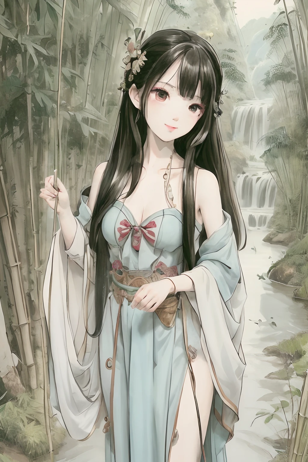 Masterpiece, Best quality, offcial art, 8K wallpaper, Highly detailed, illustration, 1 girl, Black hair, Long hair, Detailed eyes, bamboo forrest, Bare shoulders, lakes, Pure, Soft smile,