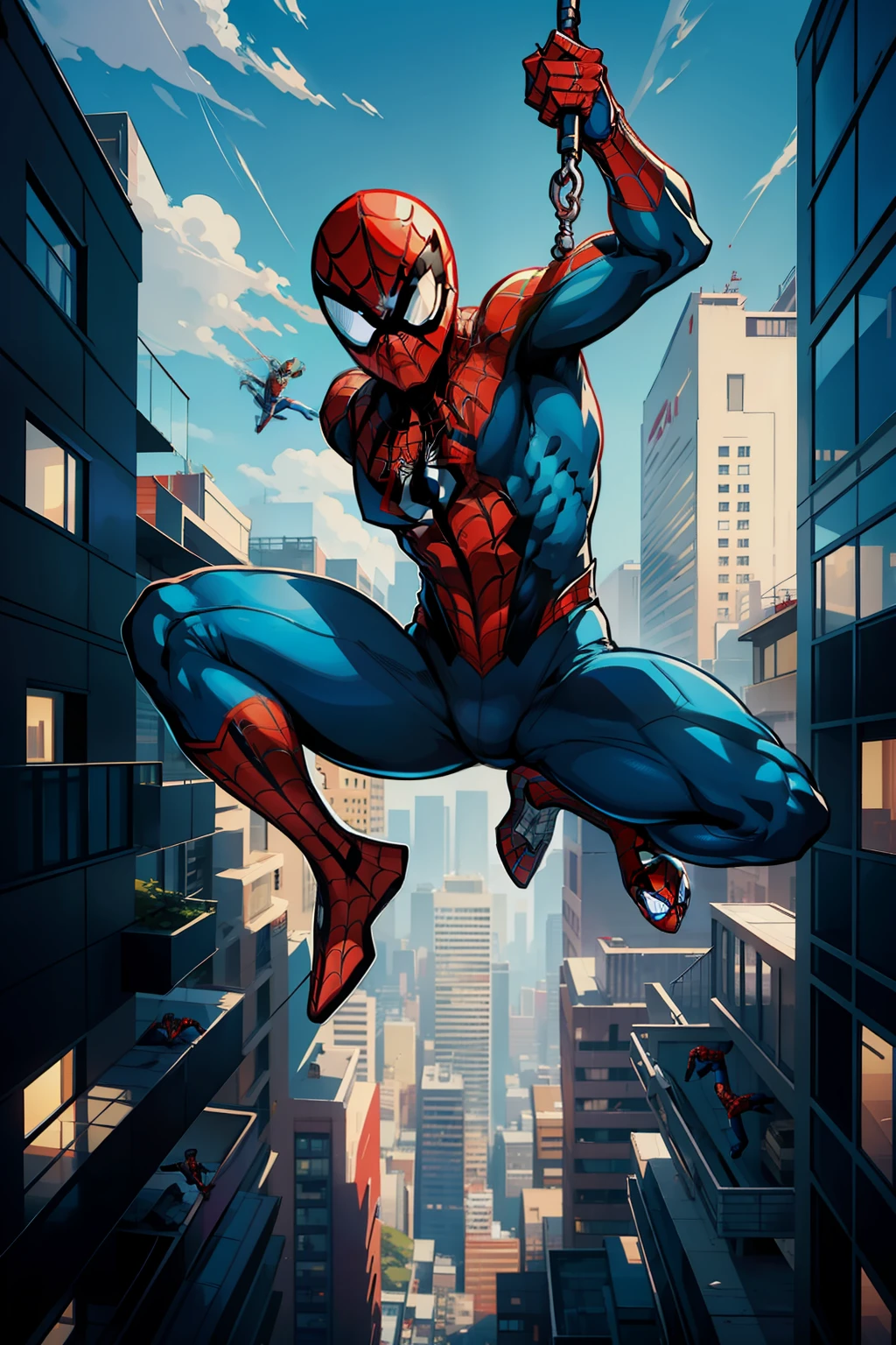 "A detailed cartoon-style illustration of Spider-Man swinging in the web, Among the buildings, corpo inteiro, max quality, 4K分辨率".