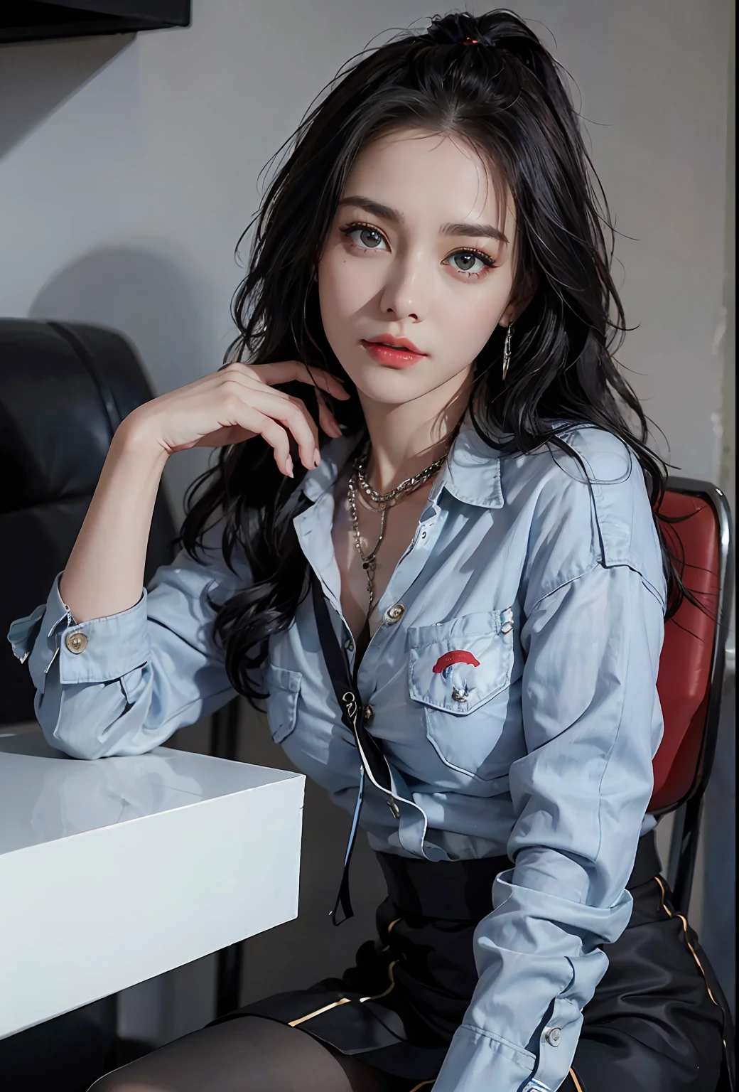 Exquisite、​masterpiece、beautiful detail、Colorful and delicate details、Delicate lips、intricate detailes、large full breasts、Cool black sunglasses、1人の女性、(Beautiful 20 year old cute woman:1.1)、(50mm Sigma f / 1.4 ZEISS Lenses、F1.4、1 / 800 sec、ISO 100、a picture:1.1)、(poneyTail+Brunette 1.2)、(Photorealsitic:1.4)、(Spy:1.2)、(Open jacket、The shirt、skirt by the、neck tie、Black pantyhose、 Christian Louboutin\(Branding\)、:1.3)、耳Nipple Ring、a necklace、arm band、(Izakaya、bars:1.2)、(beauty legs、High Girl、skiny、slim_Legs、Thigh_the gap、modeled:1.2)、Flare from the front、(cool expression)、Dynamic Poses、(makeups:1.2)、(Sitting in a large office boss chair))