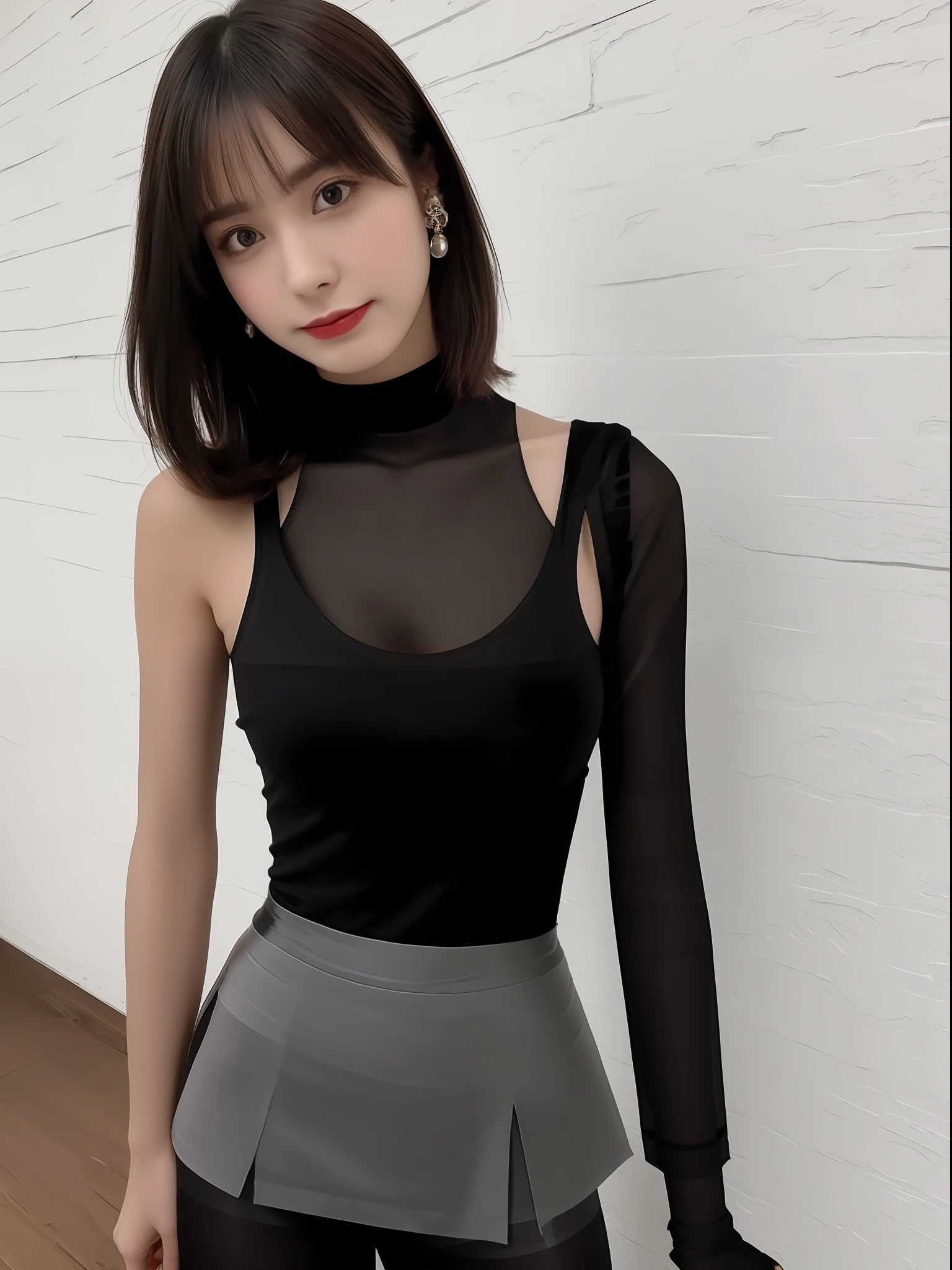 ((Best Quality, 8K, Masterpiece: 1.3)), 1girl, Slim Abs Beauty: 1.3, (Casual hairstyle, Big Breasts: 1.2), Dress: 1.1, Super fine face, Detailed eyes, Double eyelids, smile, Home, Focus, 16k, award-winning photo, extremely detailed, amazing, fine detail, absurd, highly detailed woman, 20 years old, sexy theme, high detail, extremely detailed eyes and face, glare eyes, ((((black pantyhose)))), (short skirt))), realistic, photo of 18 y.o girl in a loose shirt(unbuttoned shirt), half , best quality, big breasts, Bare Shoulders, cleavage, nsfw, [[Hands hidden behind the back]], earrings, Complete shirts, black choker, solo, [sfw],