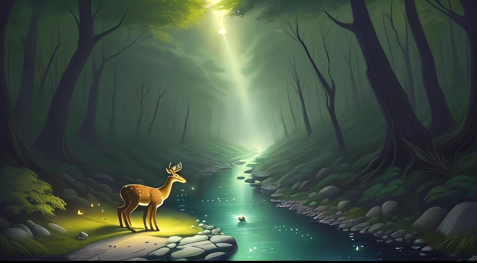 The forest is uninhabited at night，A deer drinks water by the creek，There are a lot of stones in the creek，There are a lot of fireflies in the forest