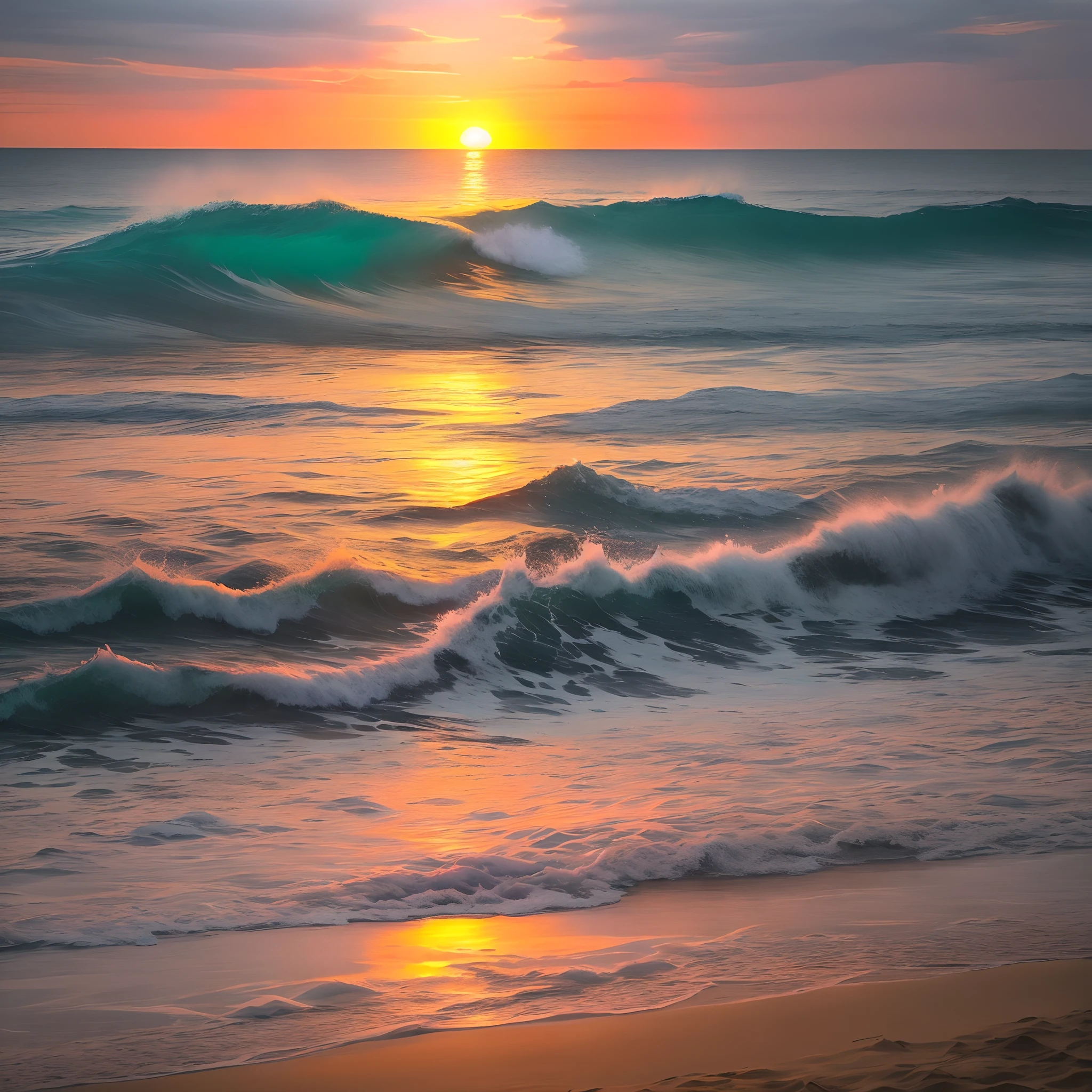 Absolutely mesmerizing sunset on the beach，The sky is mixed with orange、Pink and yellow。The sea is crystal clear，The white sand stretches as far as the eye can see，Smoke and rain