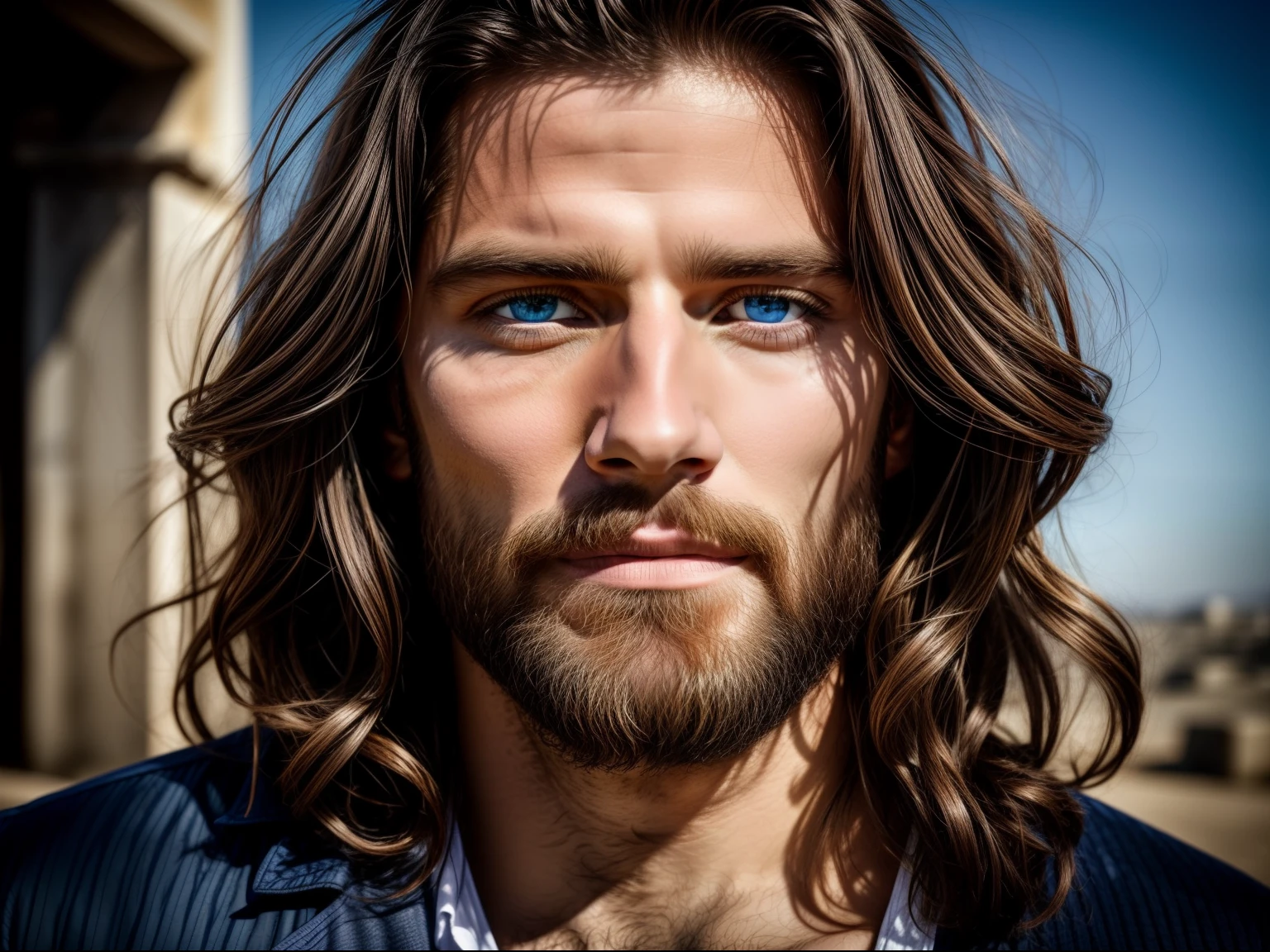 Portrait of a handsome man, Jesus Christ, real blue eyes, sunny day, intricate details.