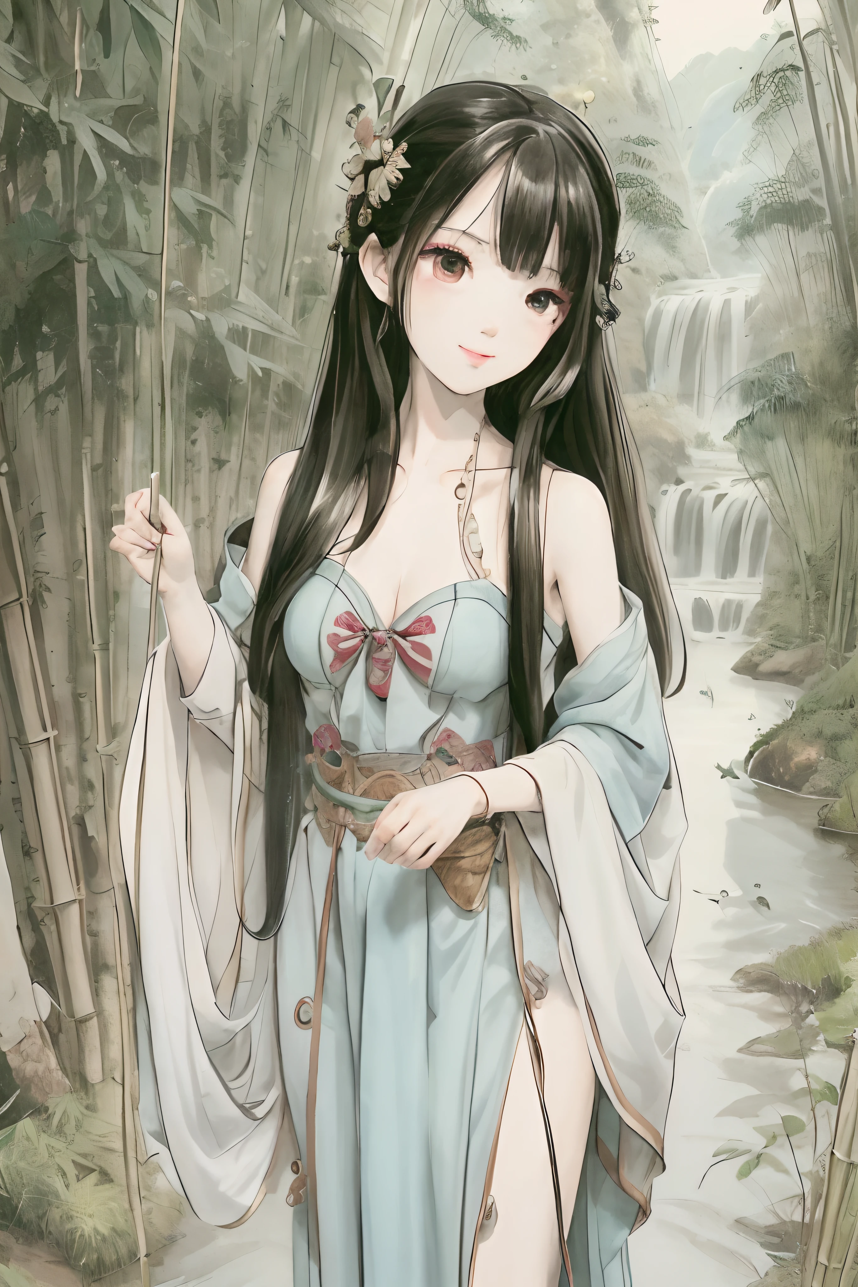 Masterpiece, Best quality, offcial art, 8K wallpaper, Highly detailed, illustration, 1 girl, Black hair, Long hair, Detailed eyes, bamboo forrest, Bare shoulders, lakes, Pure, Soft smile,